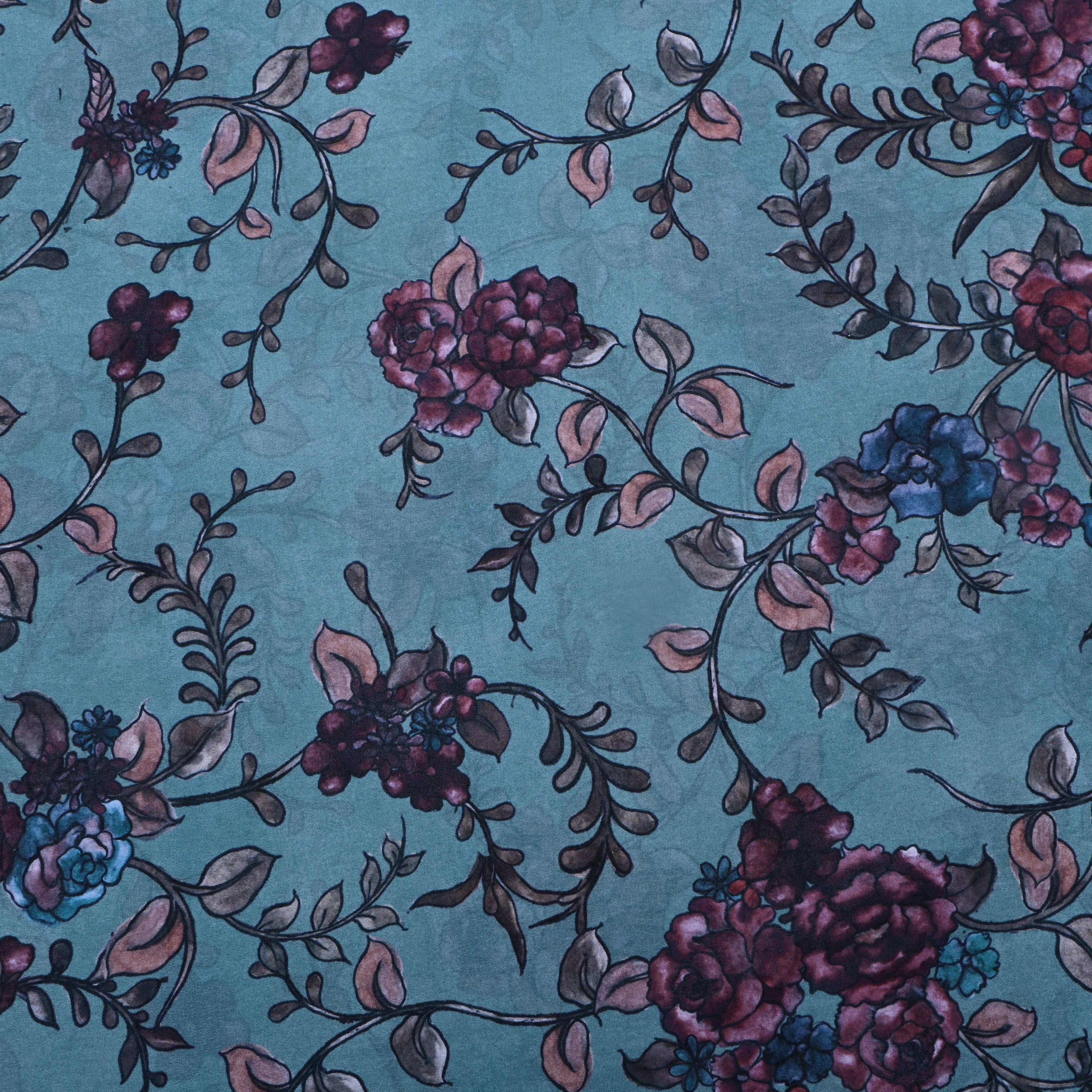 Aqua Blue Floral Printed Silk Fabric