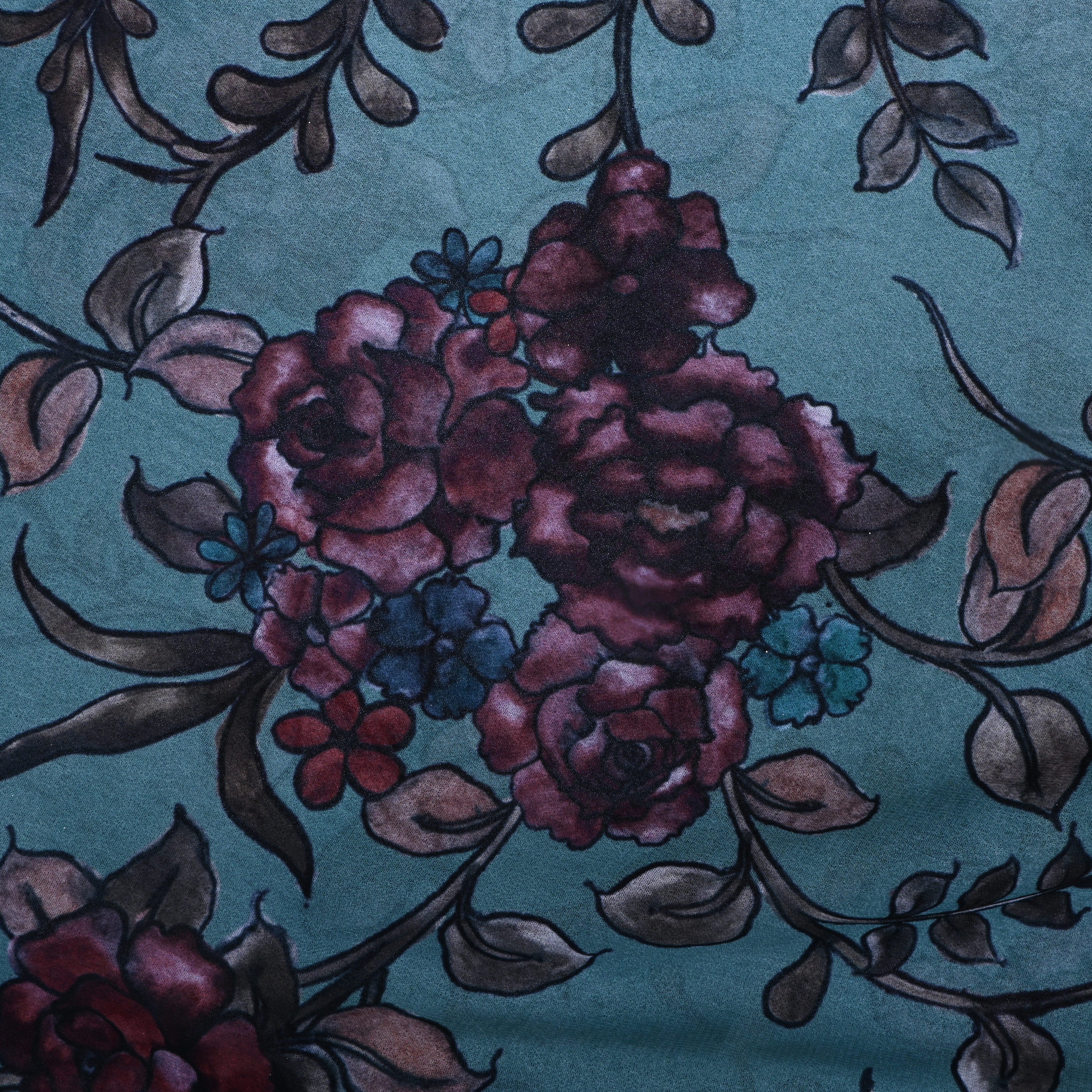 Aqua Blue Floral Printed Silk Fabric