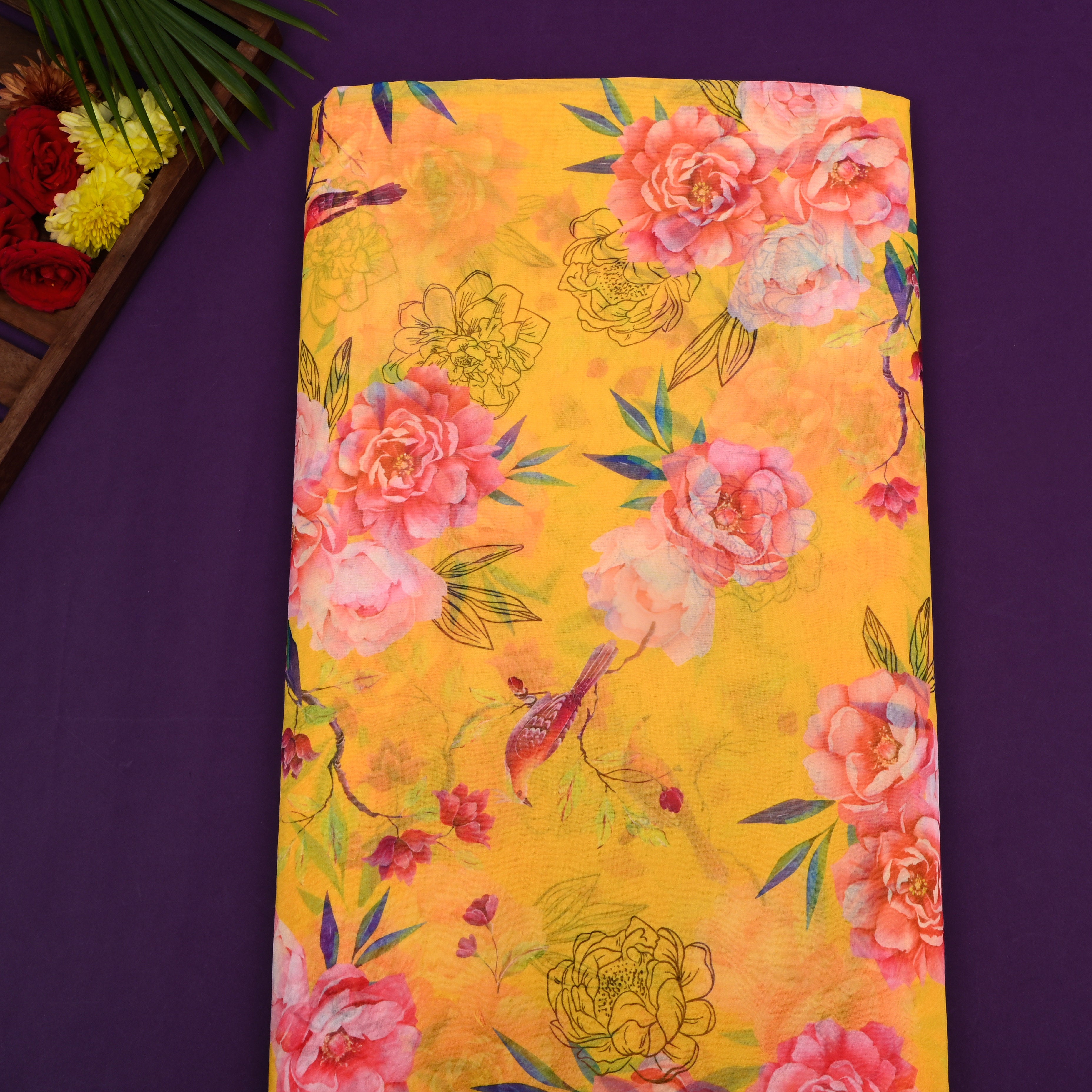Bright Yellow Floral Printed Organza Fabric