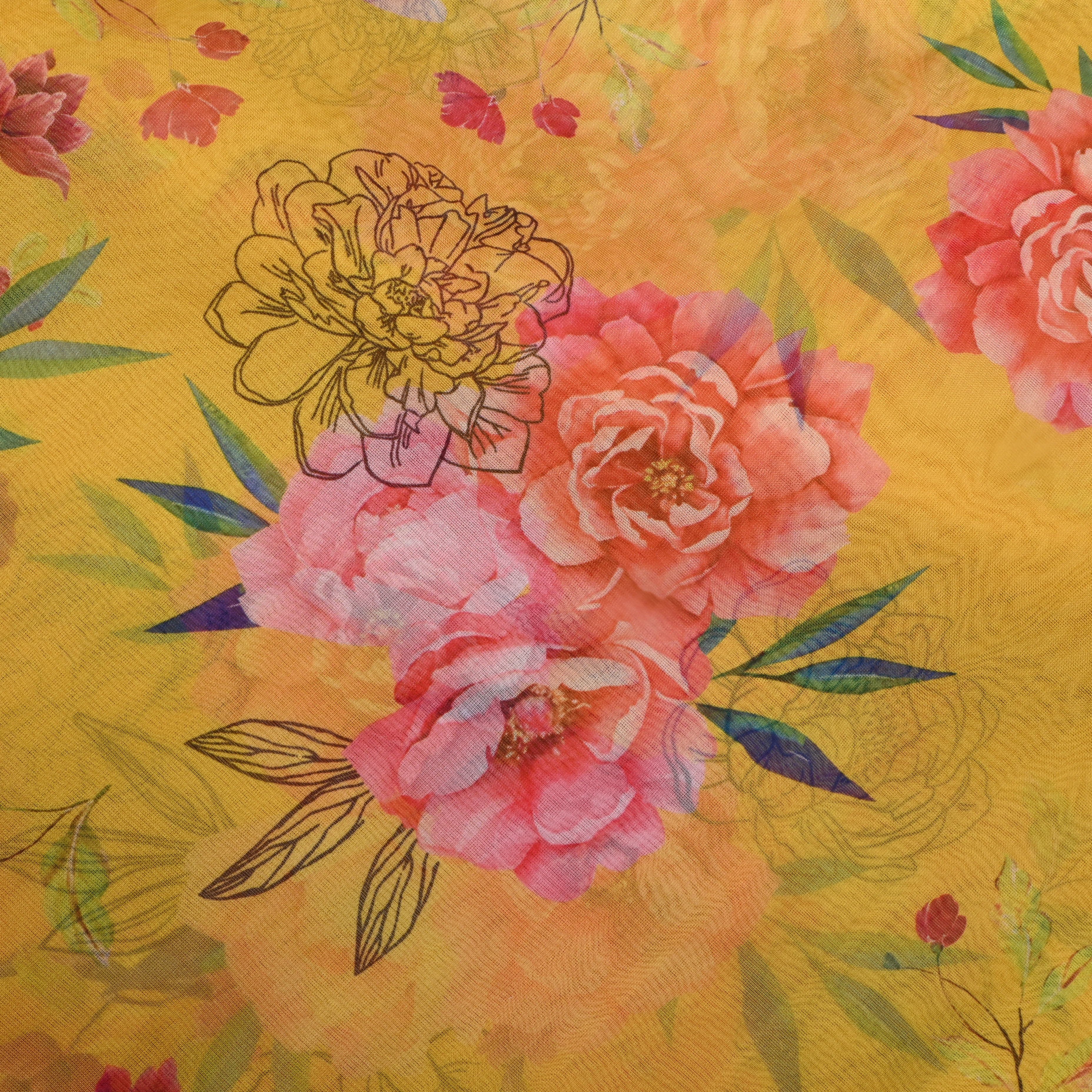 Mustard Yellow Floral Printed Organza Fabric