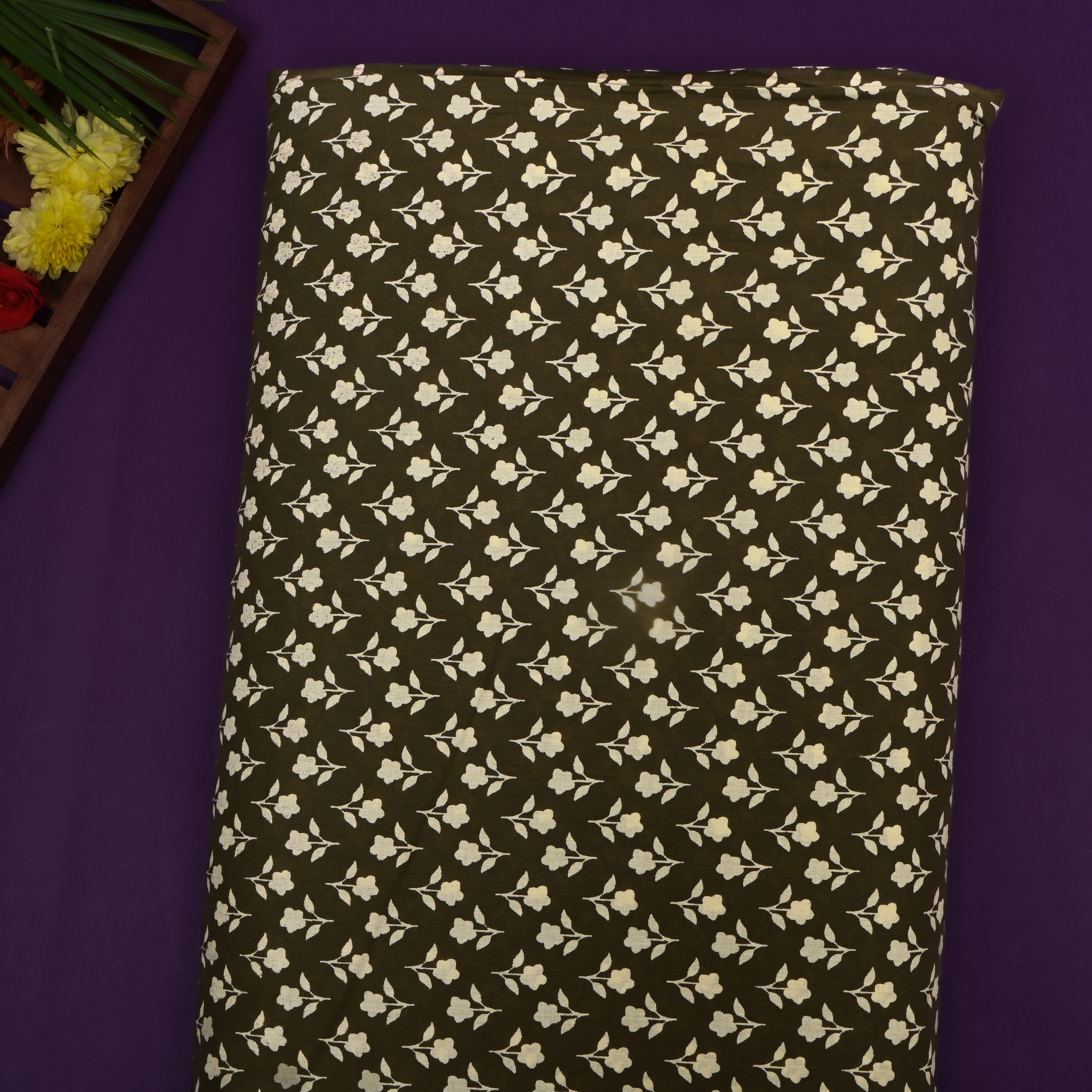 Dark Olive Green Floral Printed Cotton Fabric