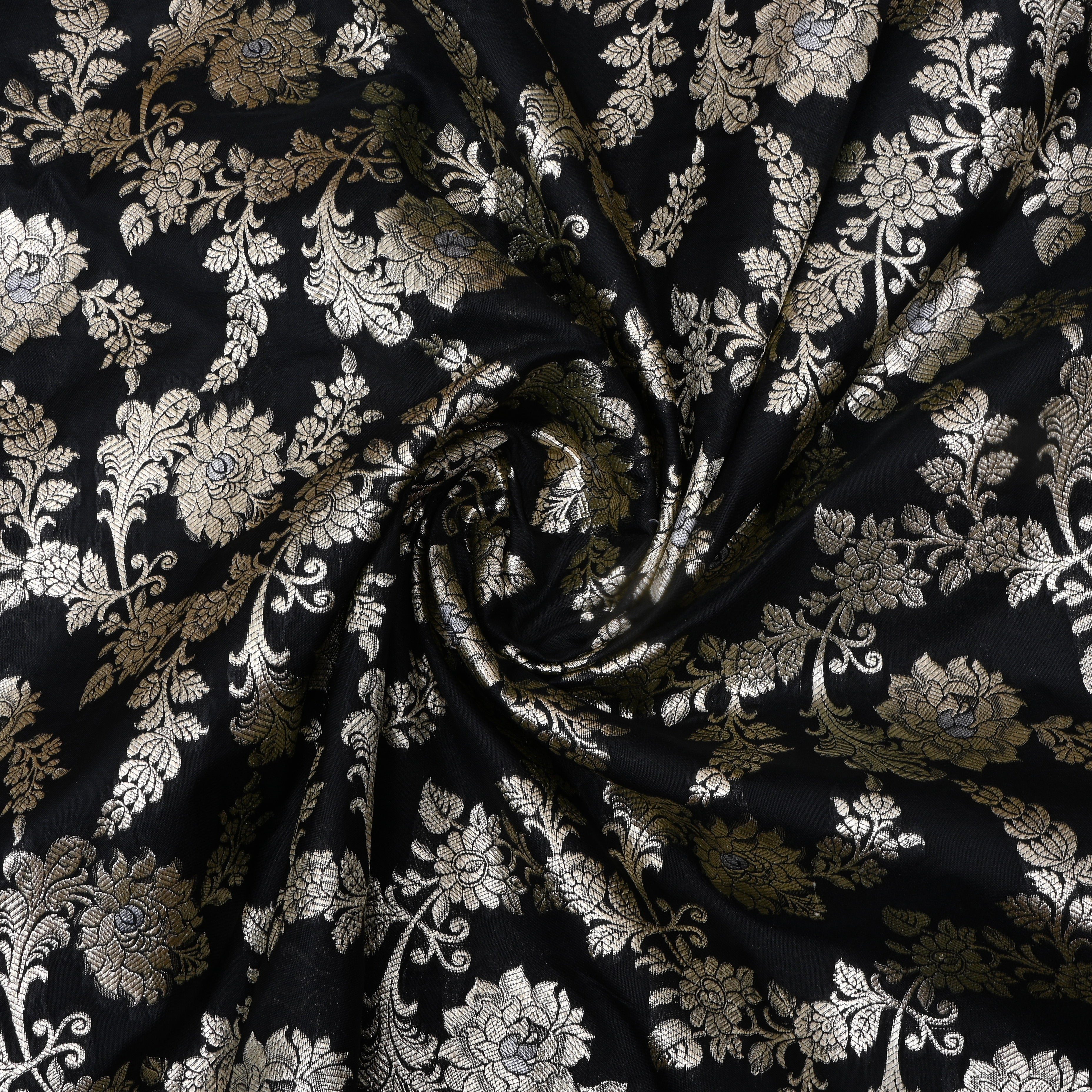 Black Floral Zari Woven Jamawar Silk Fabric