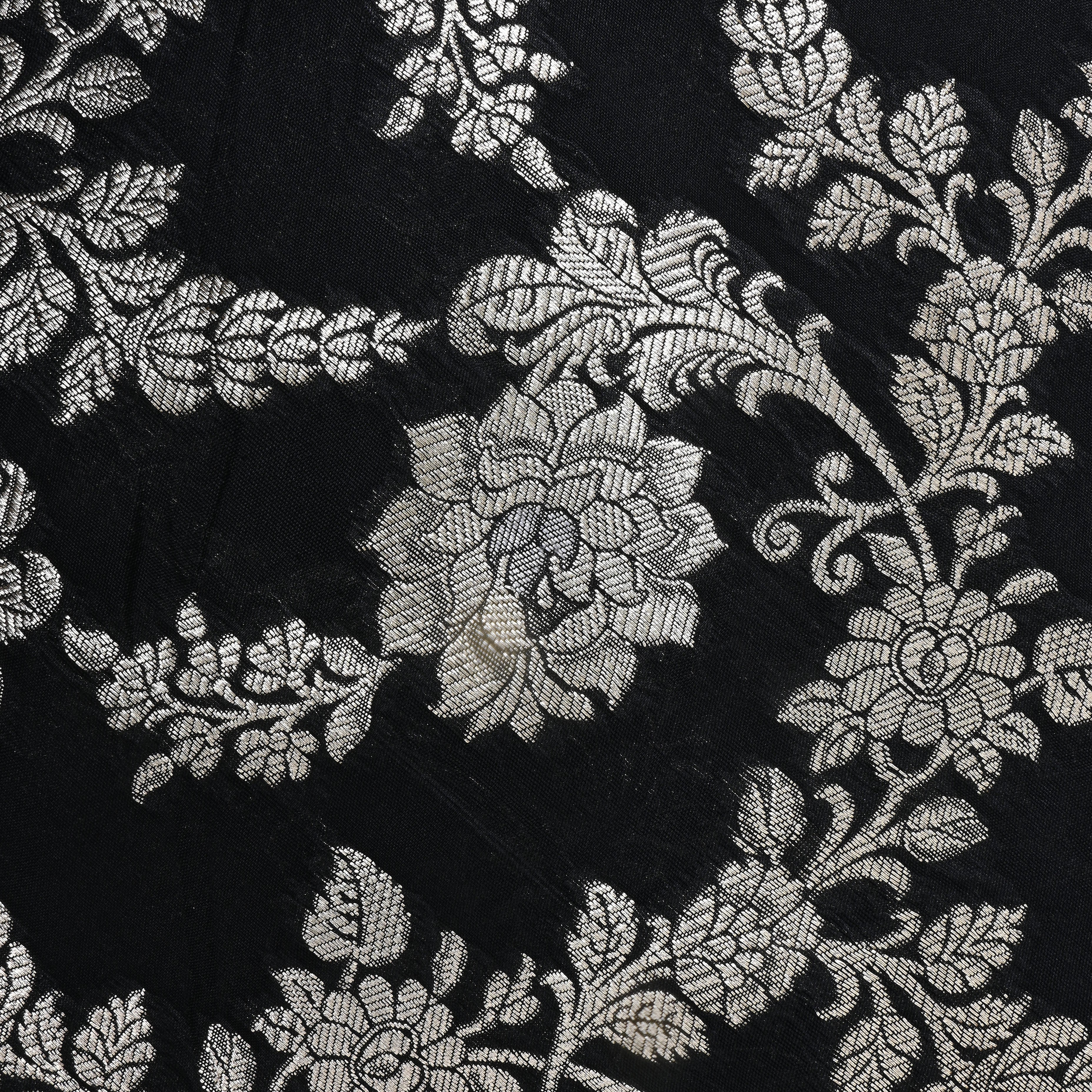 Black Floral Zari Woven Jamawar Silk Fabric