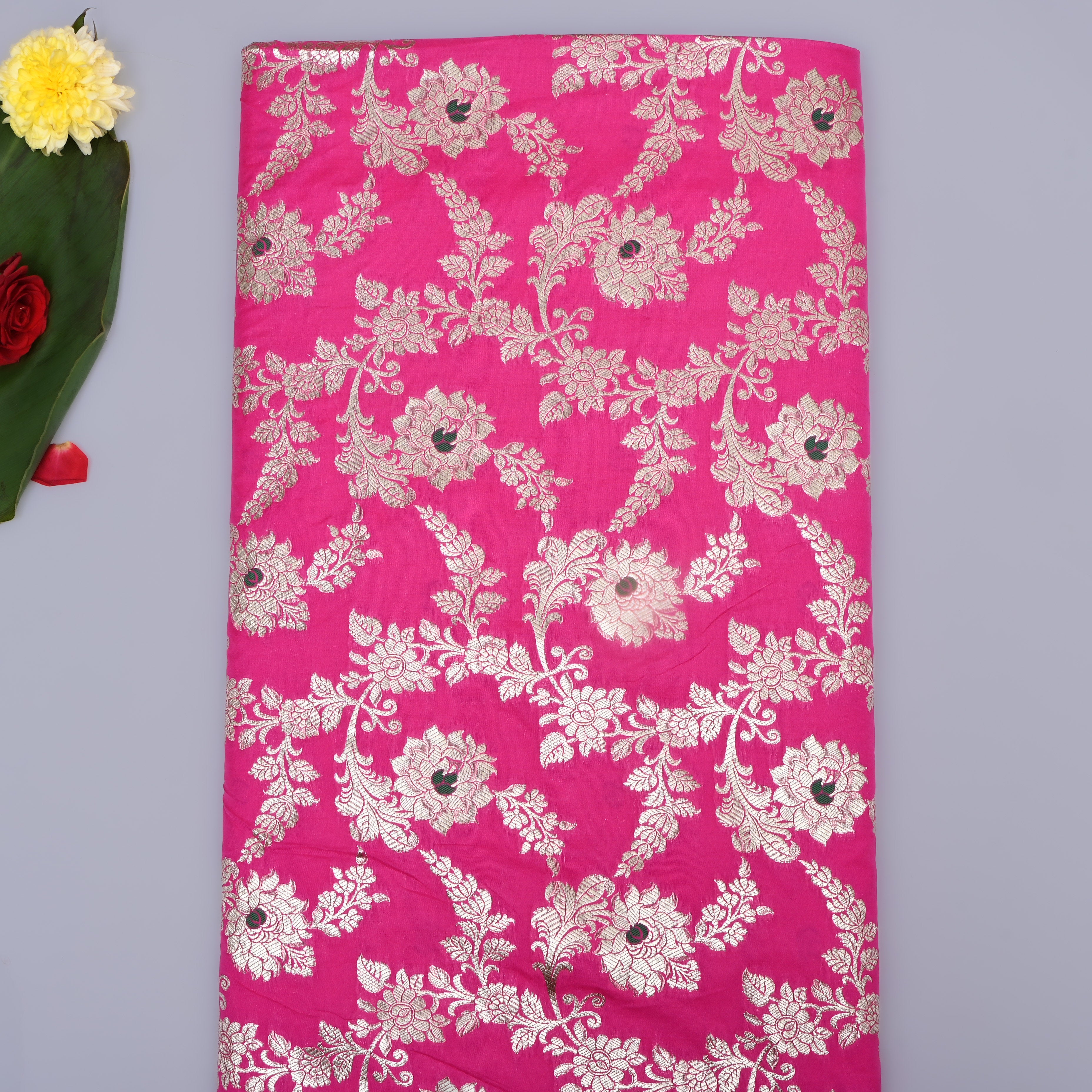 Hot Pink Floral Zari Woven Jamawar Silk Fabric