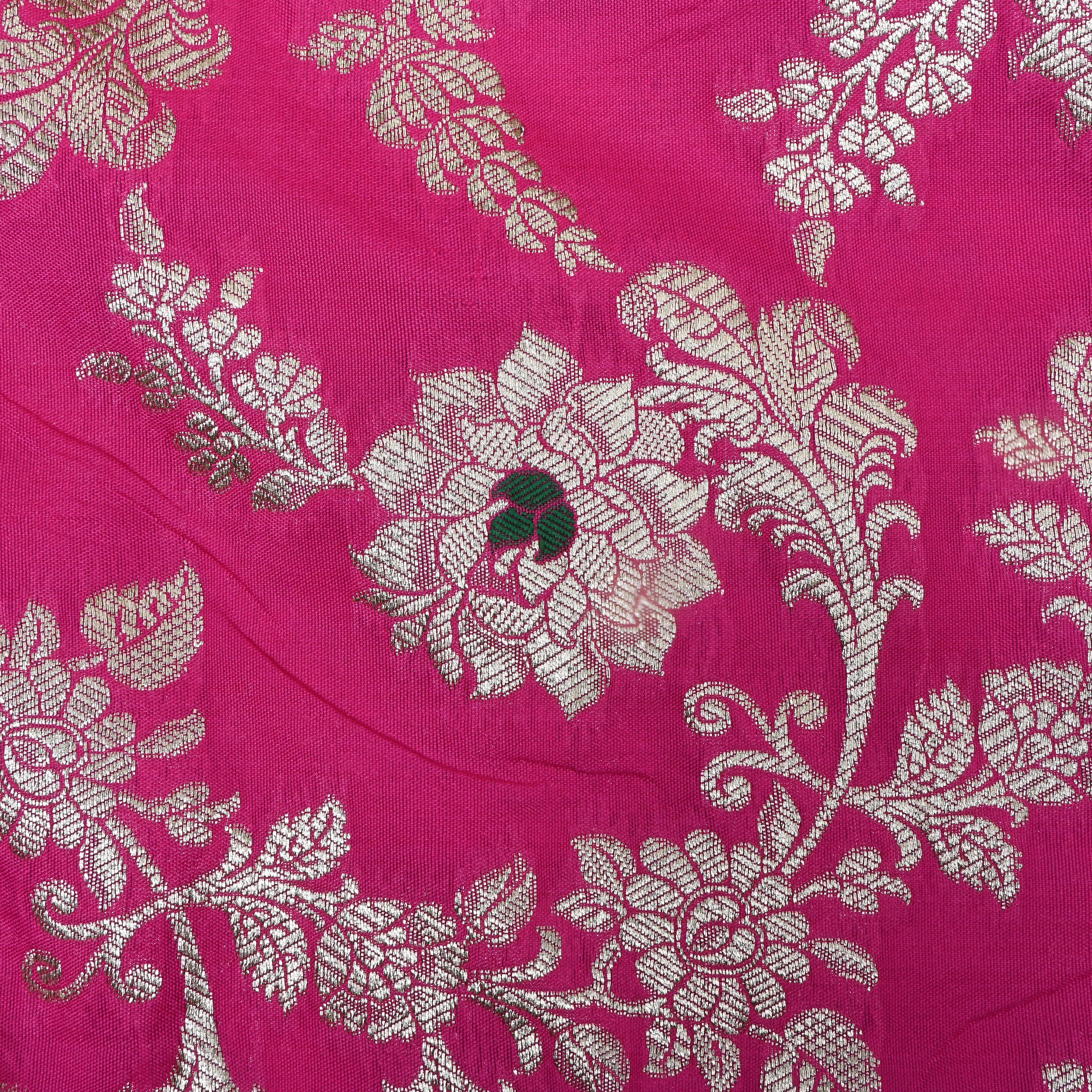 Hot Pink Floral Zari Woven Jamawar Silk Fabric