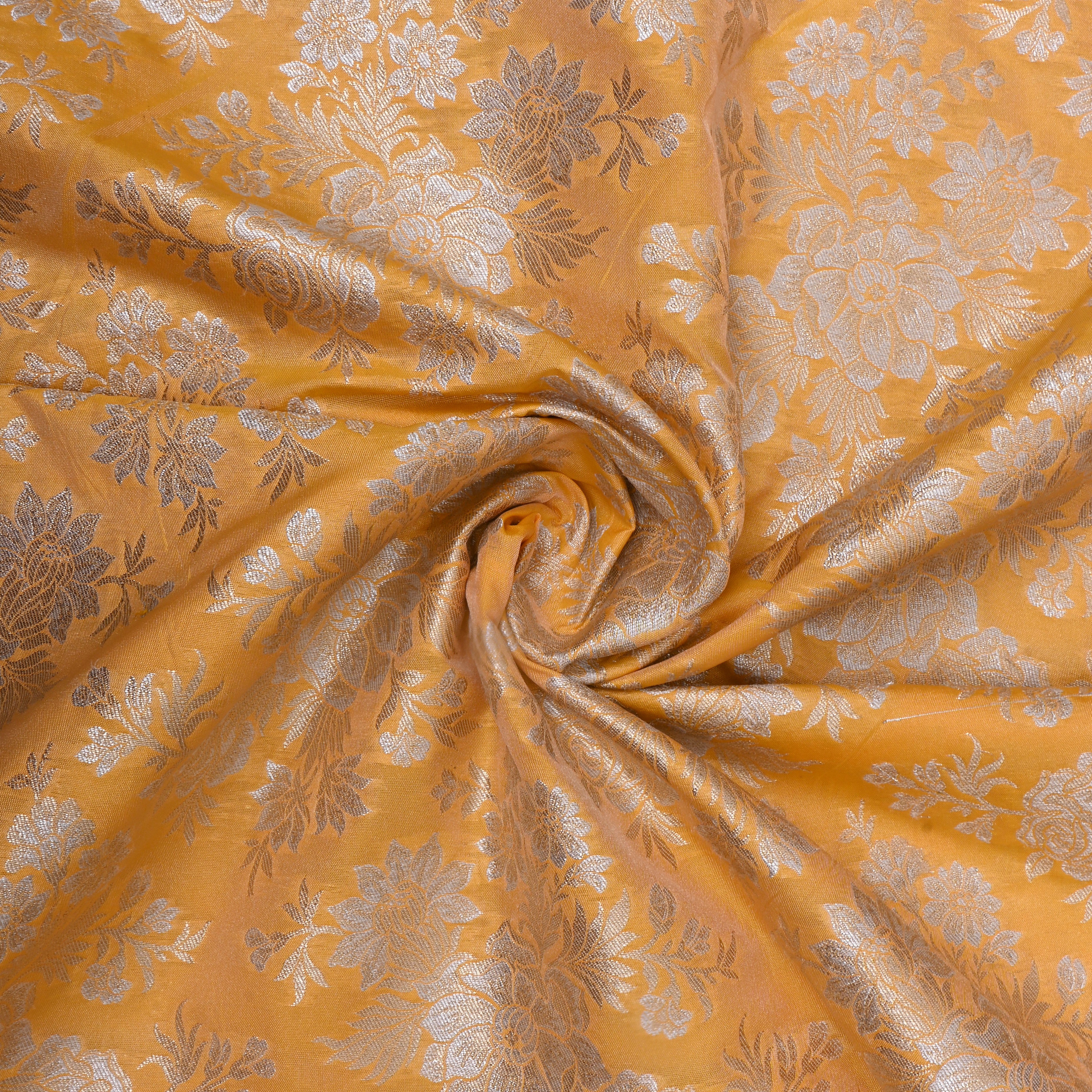 Bright Orange Floral Zari Woven Jamawar Silk Fabric