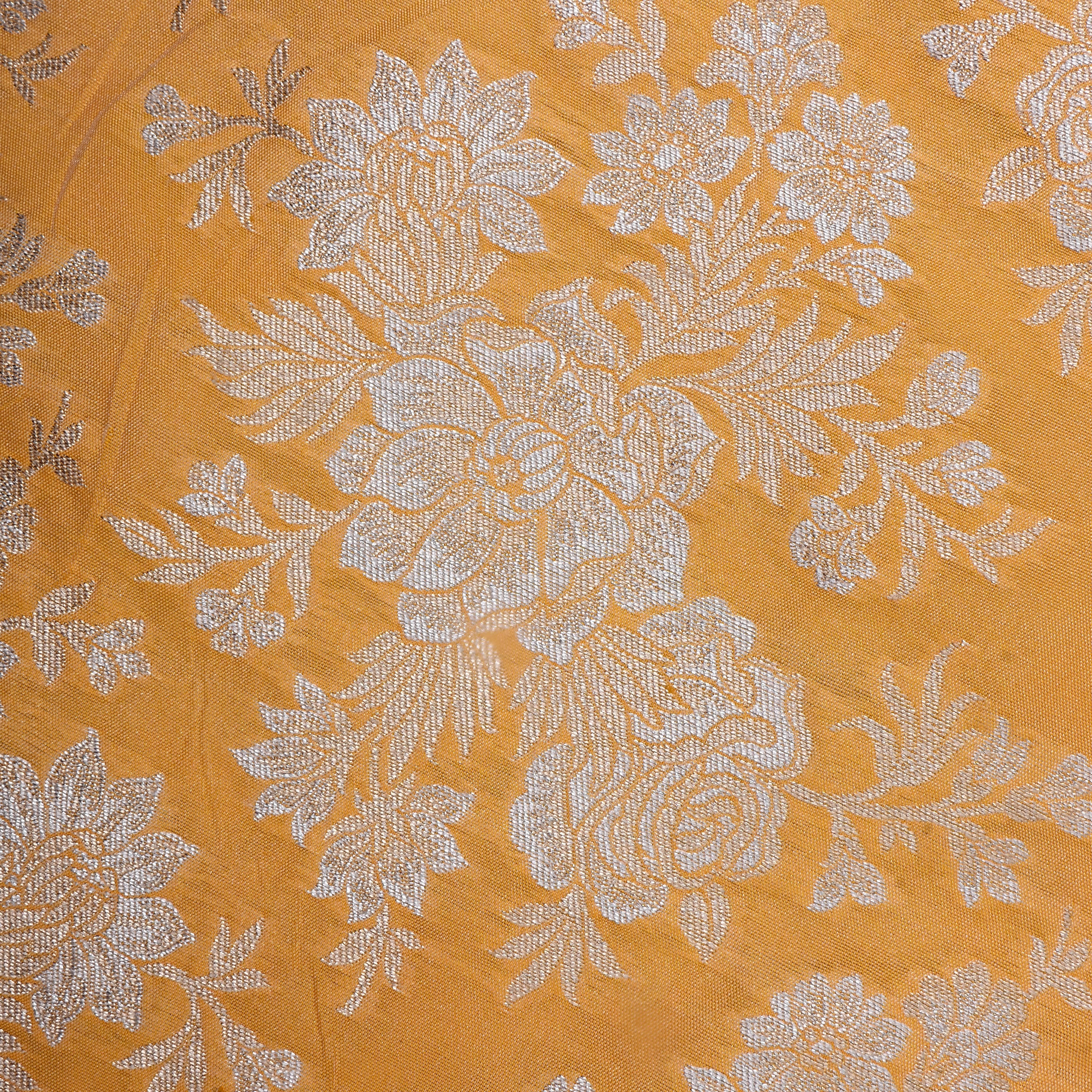 Bright Orange Floral Zari Woven Jamawar Silk Fabric