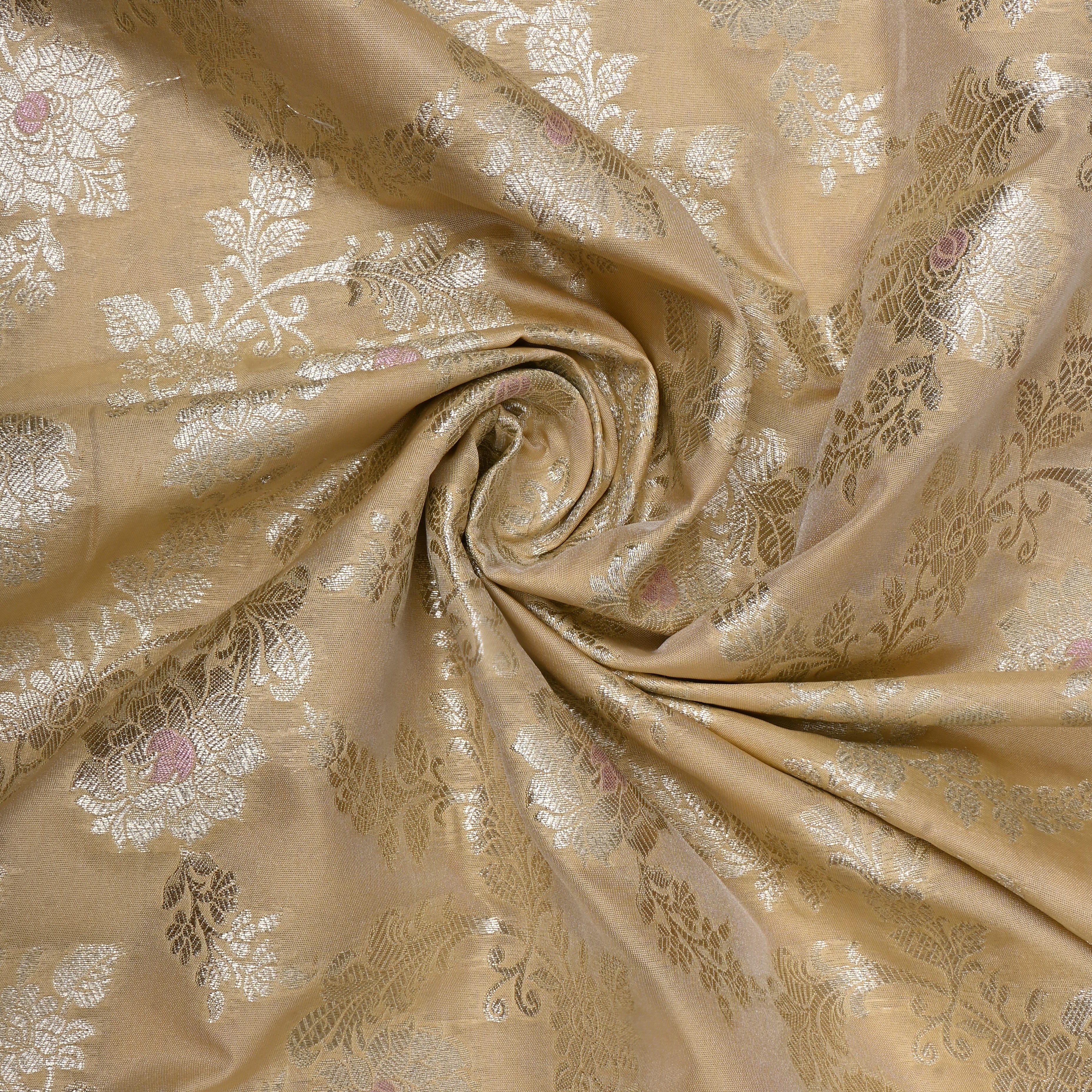 Beige Floral Zari Woven Jamawar Silk Fabric