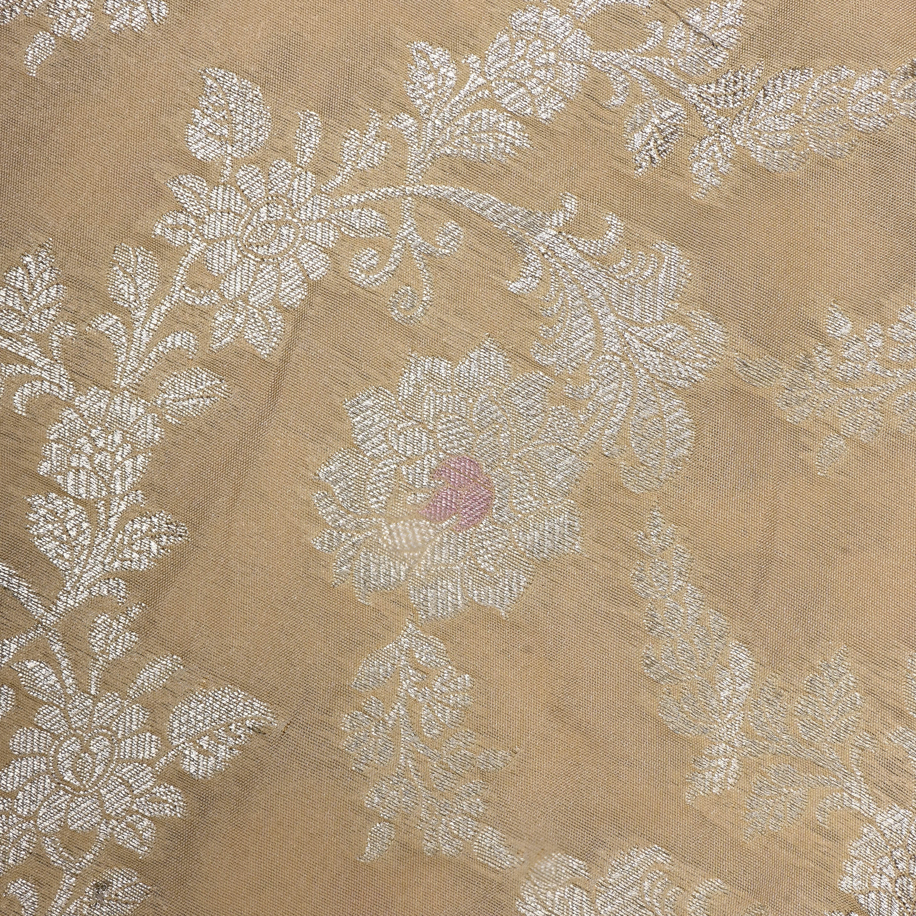 Beige Floral Zari Woven Jamawar Silk Fabric