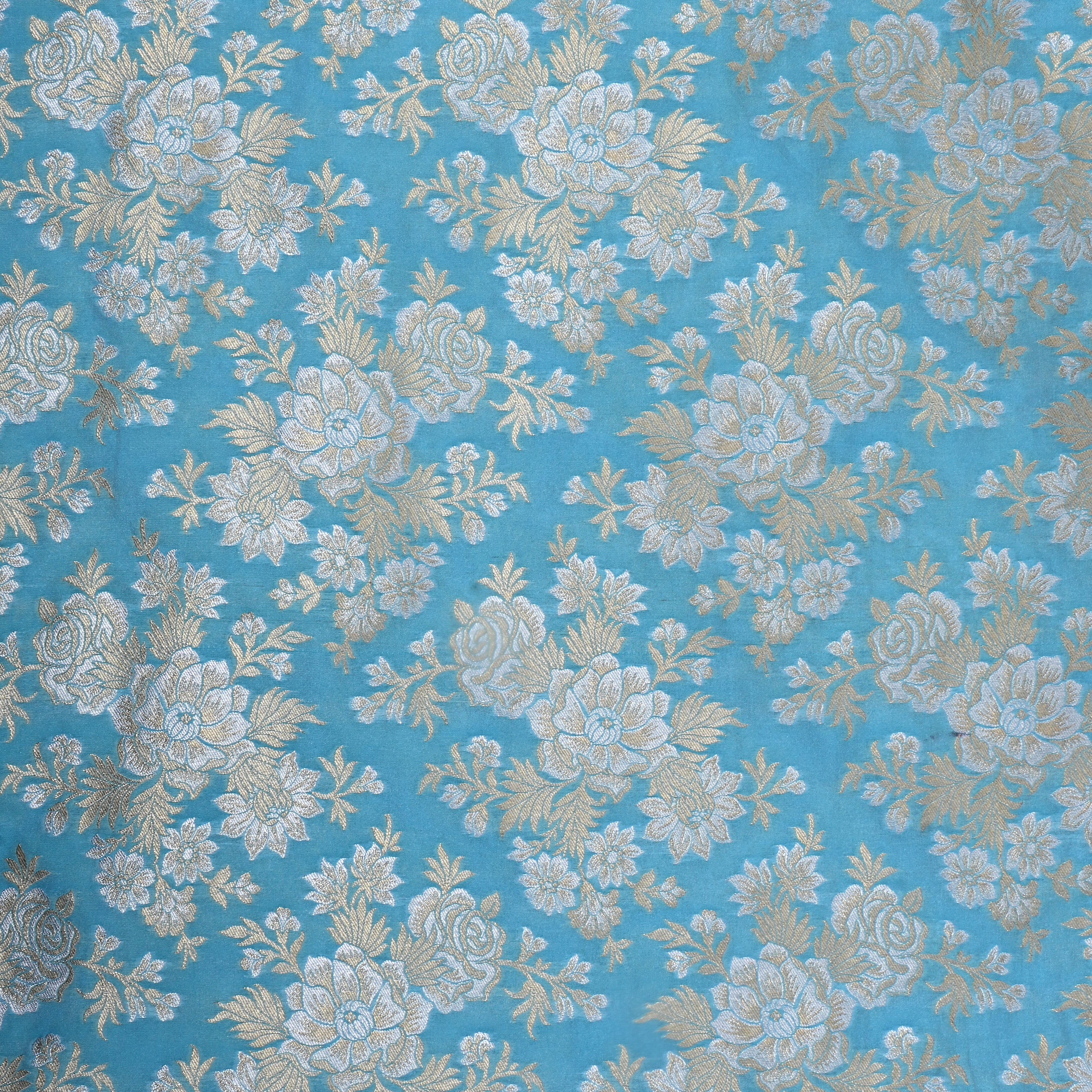 Sky Blue Floral Jamawar Silk Fabric