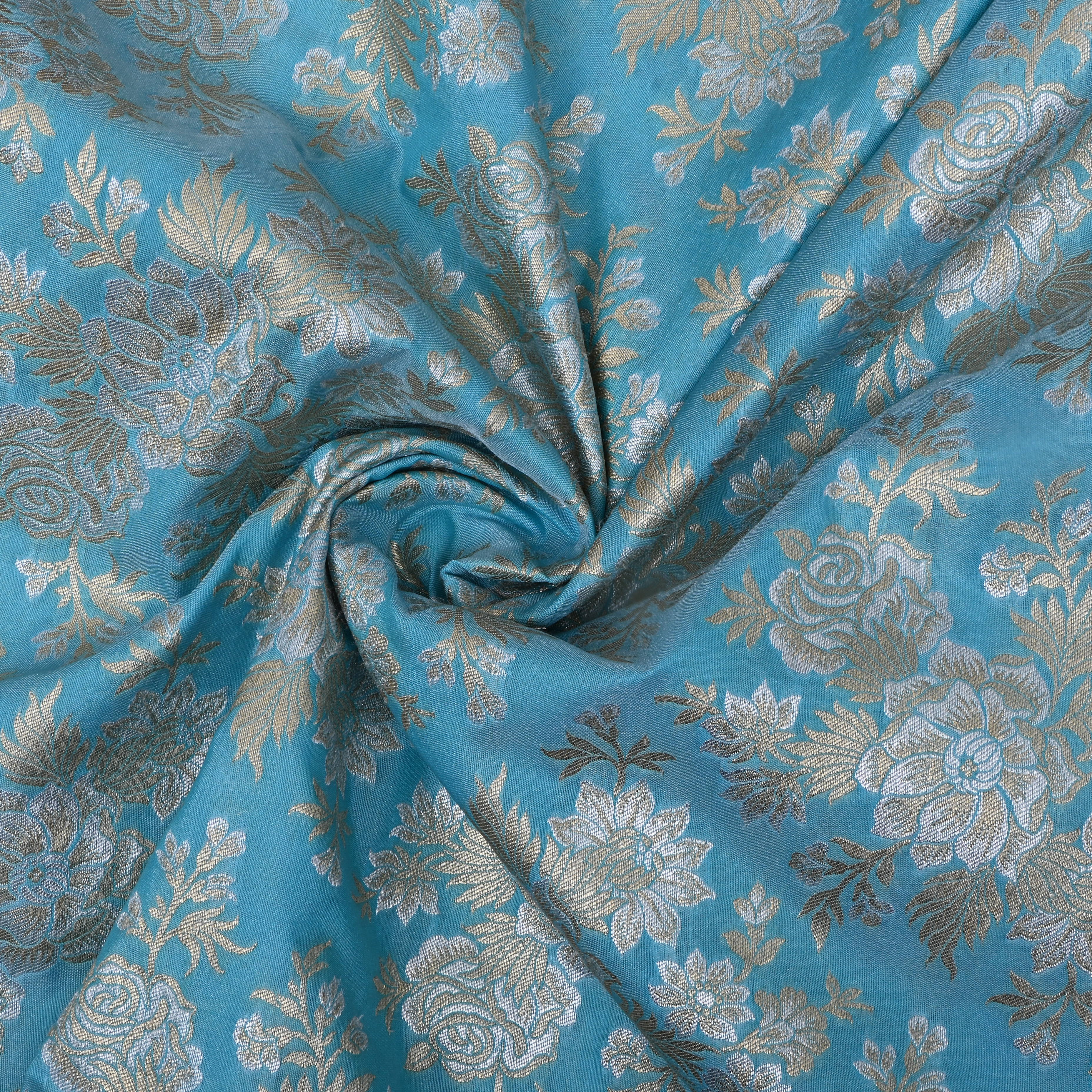 Sky Blue Floral Jamawar Silk Fabric