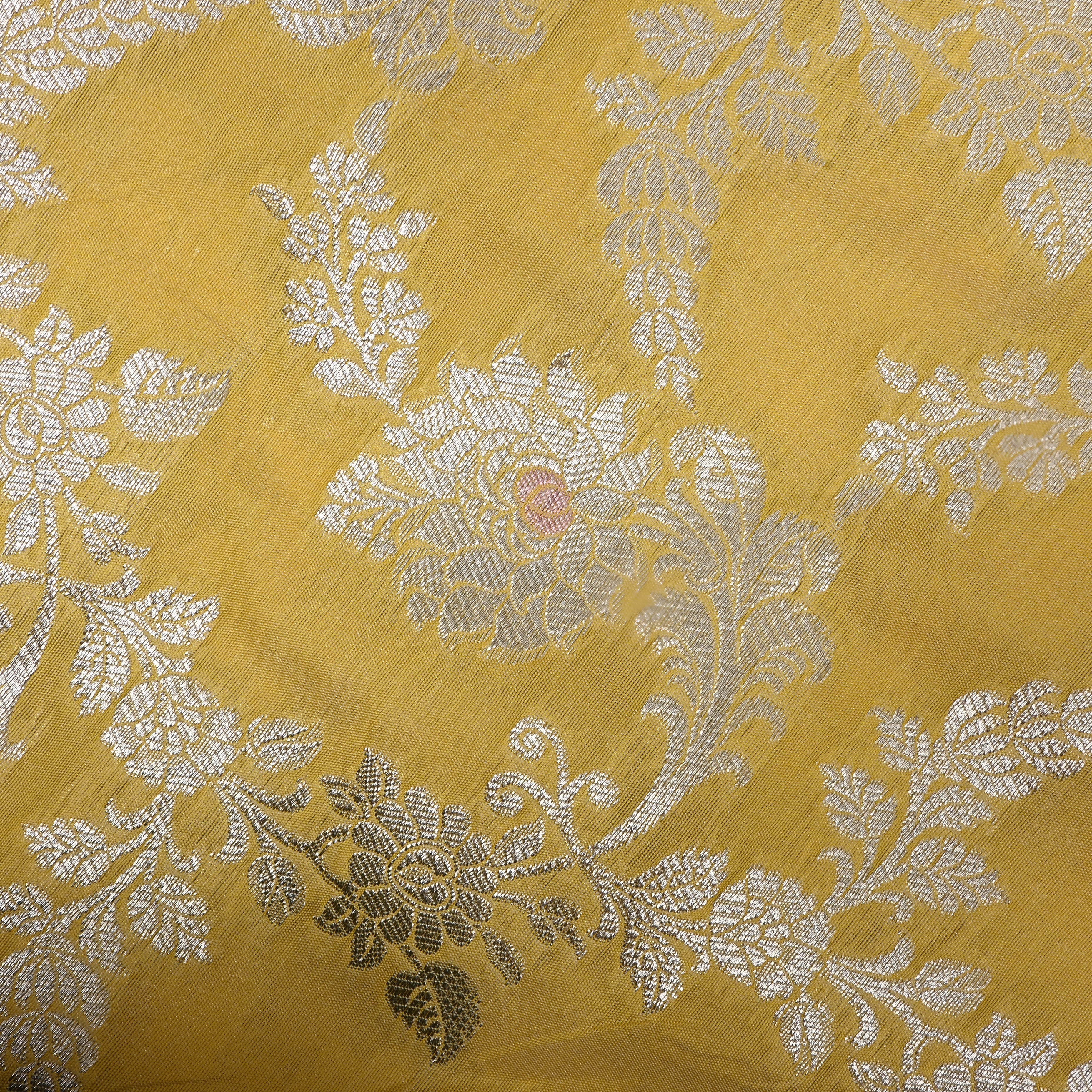 Muted Yellow Floral Zari Woven Jamawar Silk Fabric