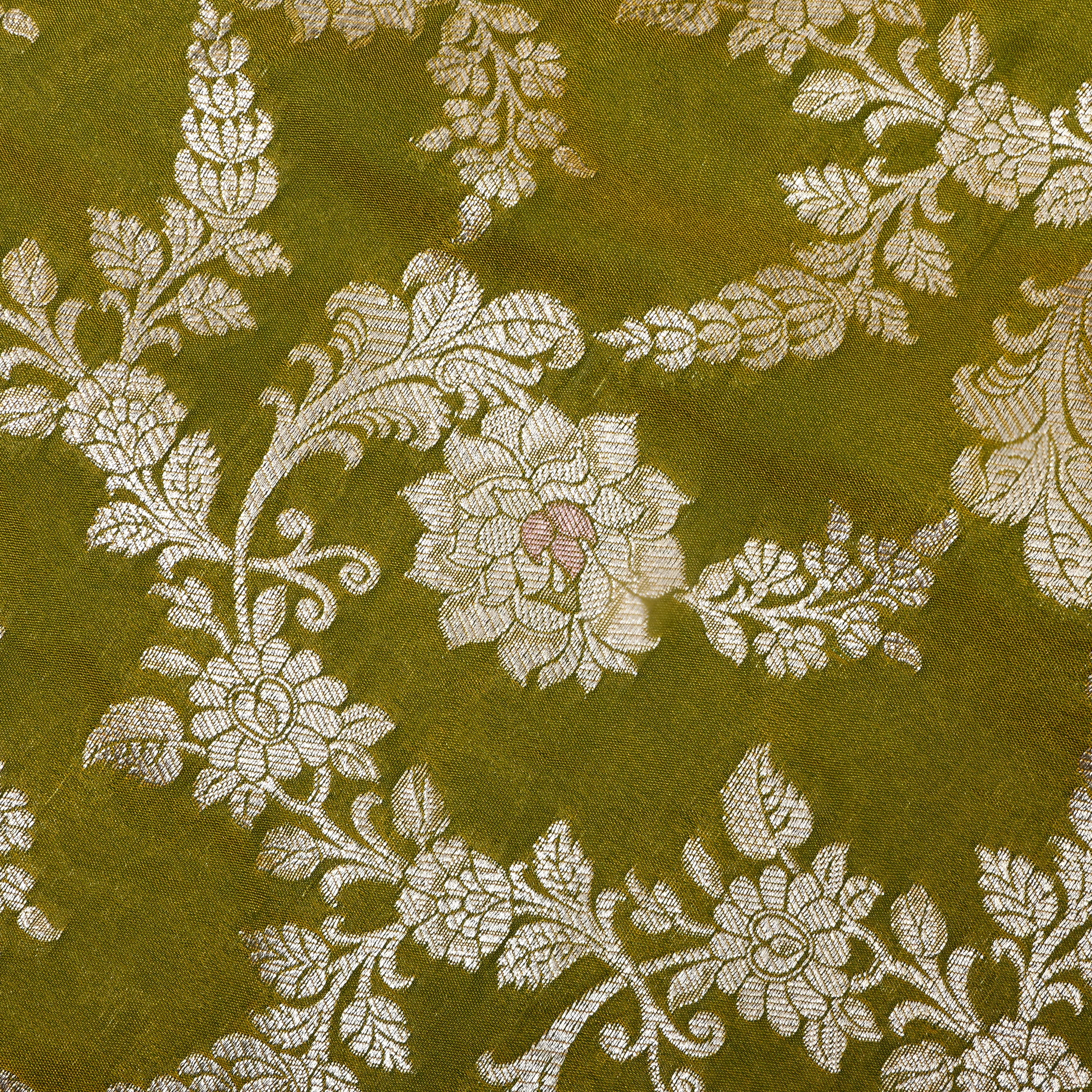 Mehendi Green Floral Zari Woven Jamawar Silk Fabric