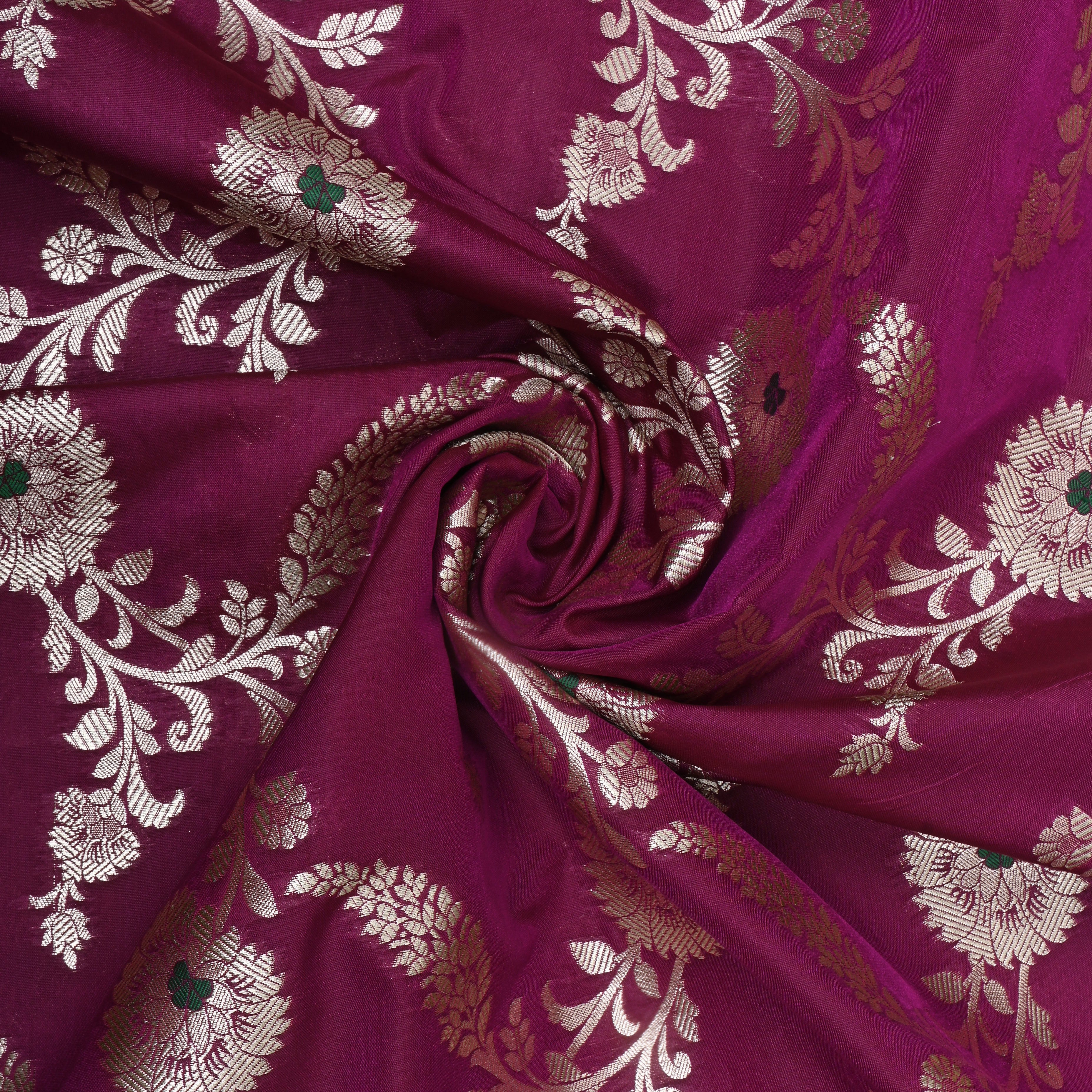 Magenta Purple Floral Zari Jamawar Silk Fabric