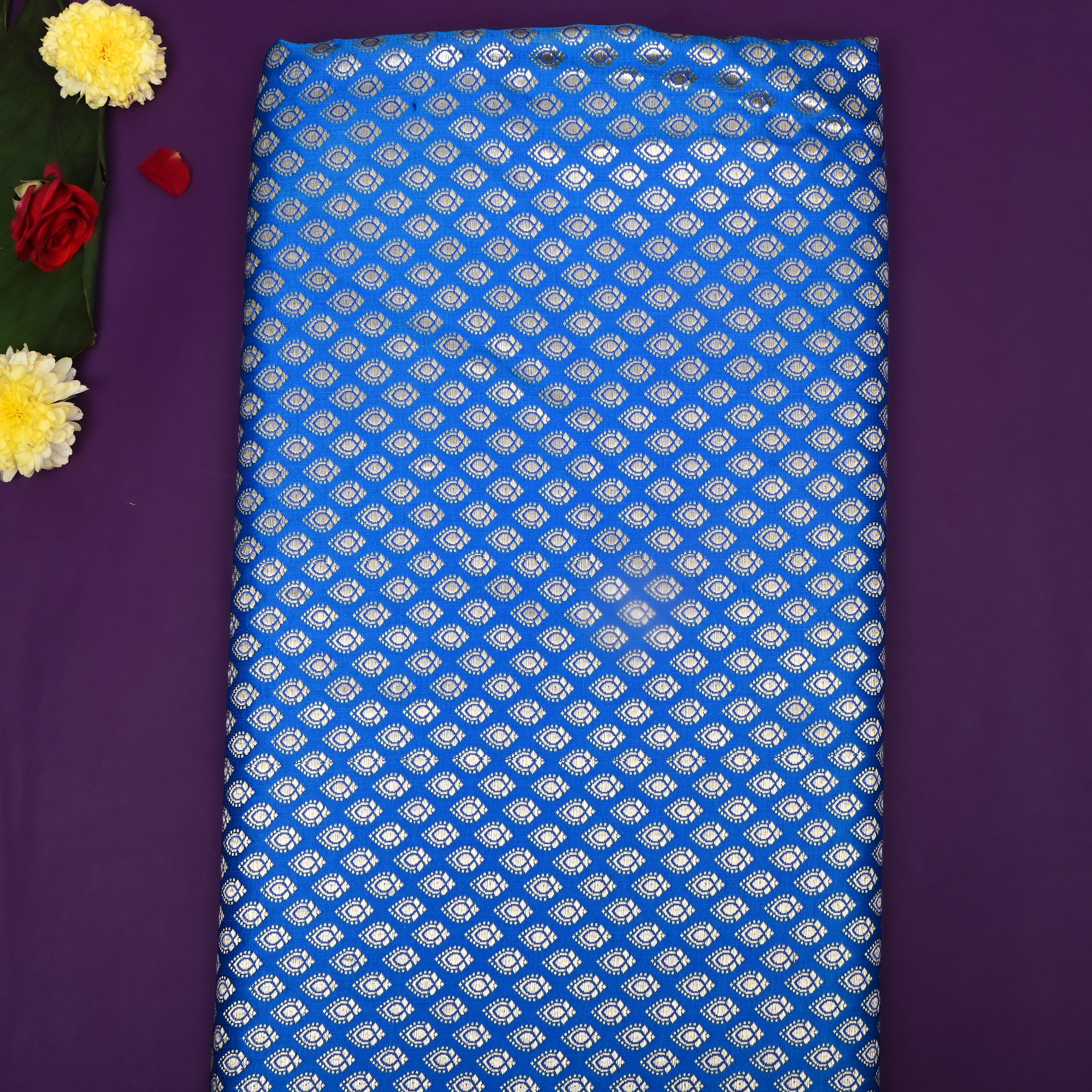 Azure Blue Floral Jamawar Satin Fabric