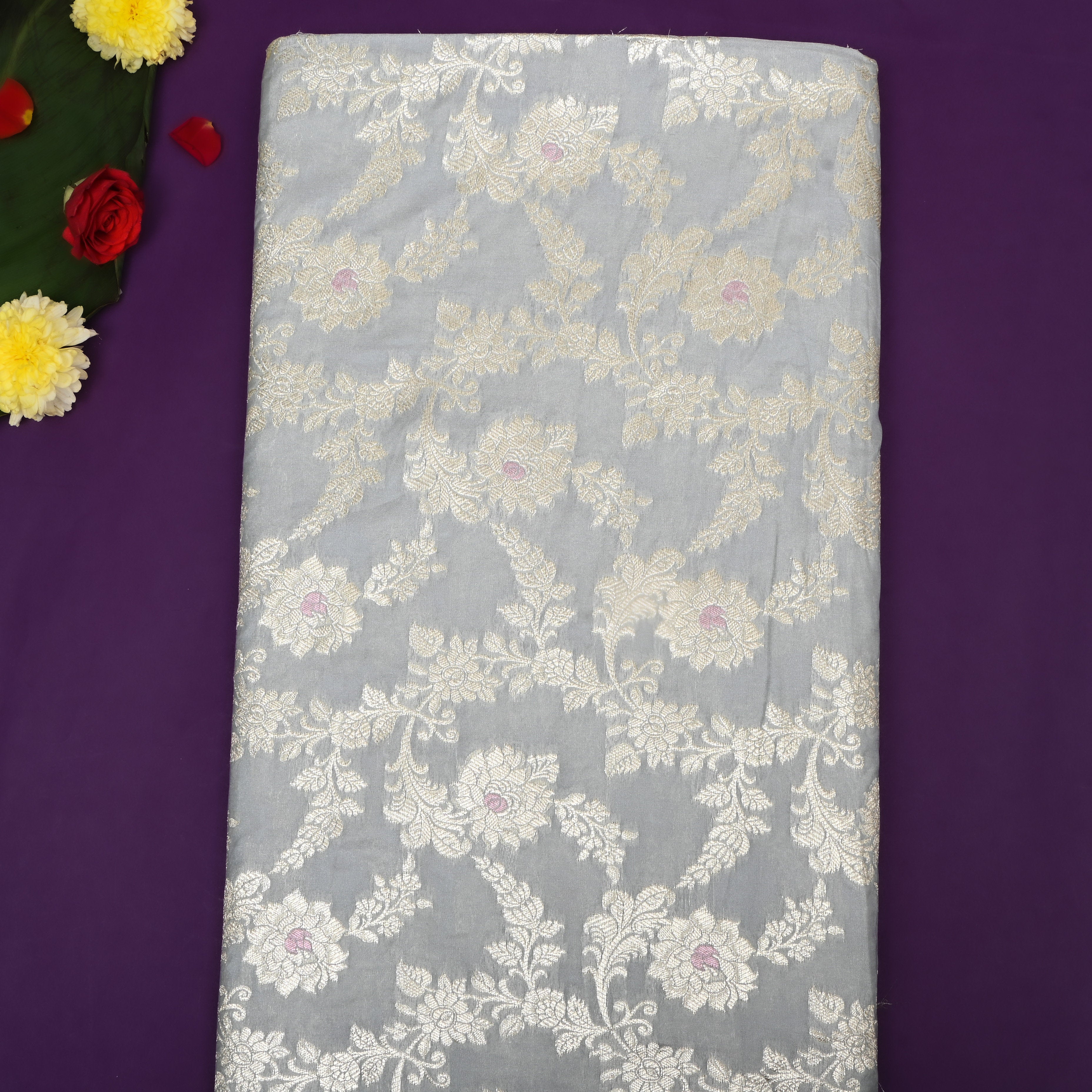 Ash Grey Floral Zari Woven Jamawar Silk Fabric
