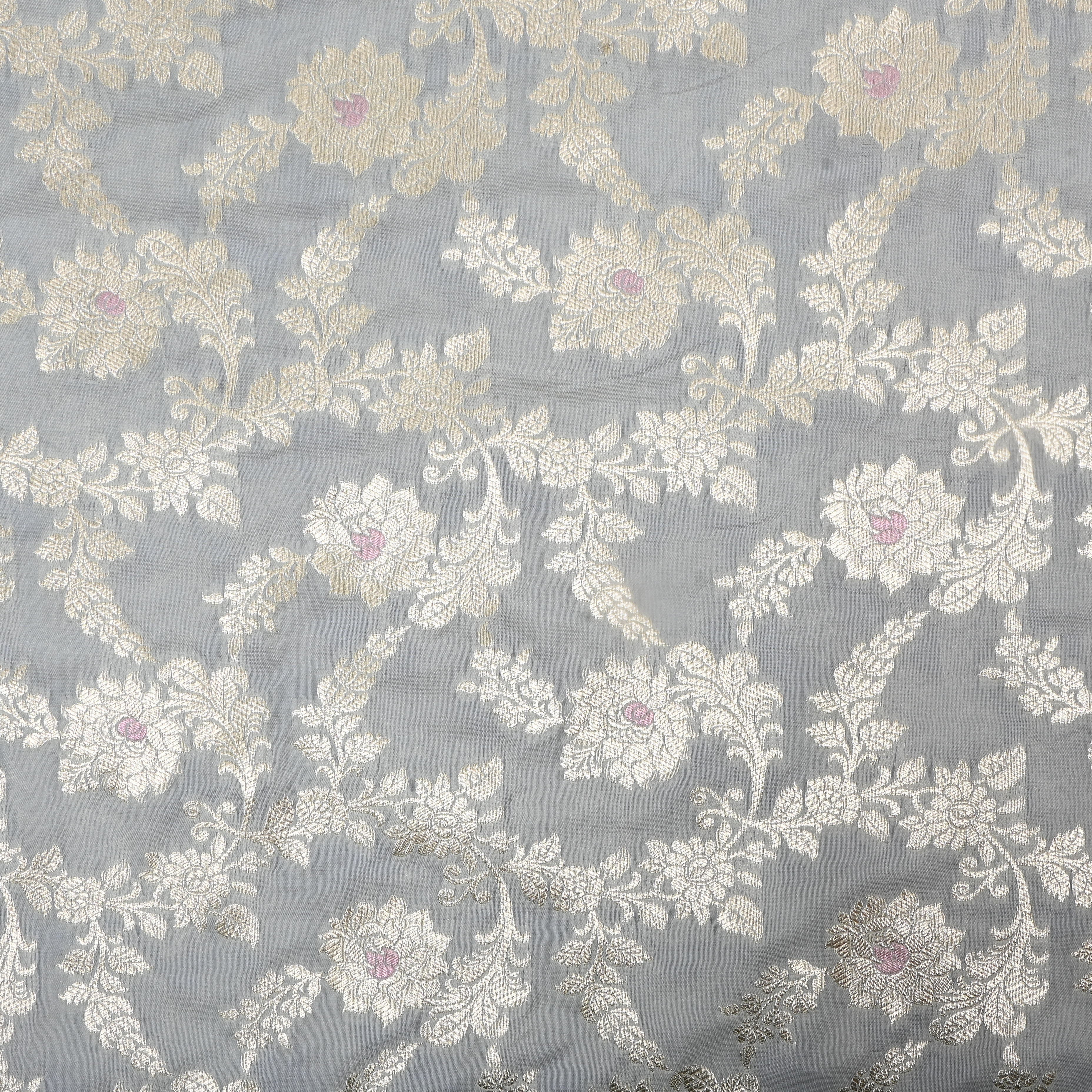 Ash Grey Floral Zari Woven Jamawar Silk Fabric