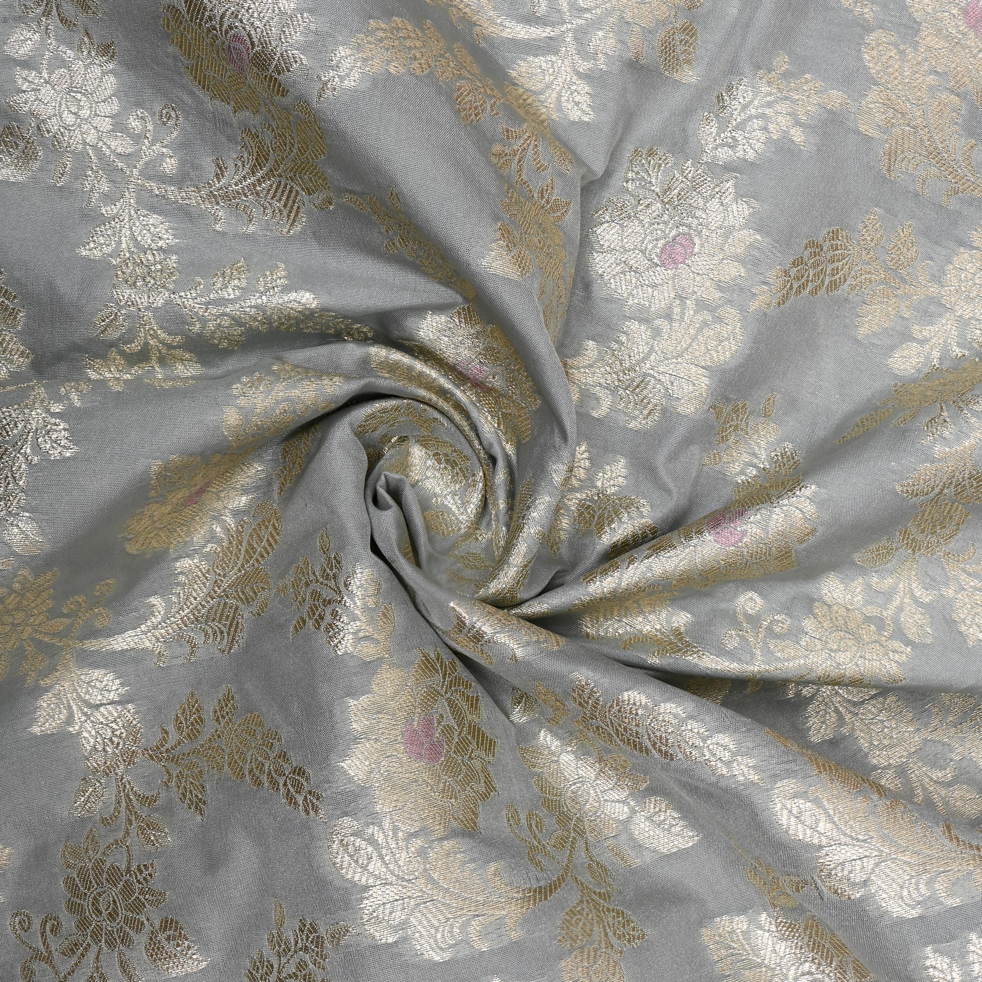 Ash Grey Floral Zari Woven Jamawar Silk Fabric