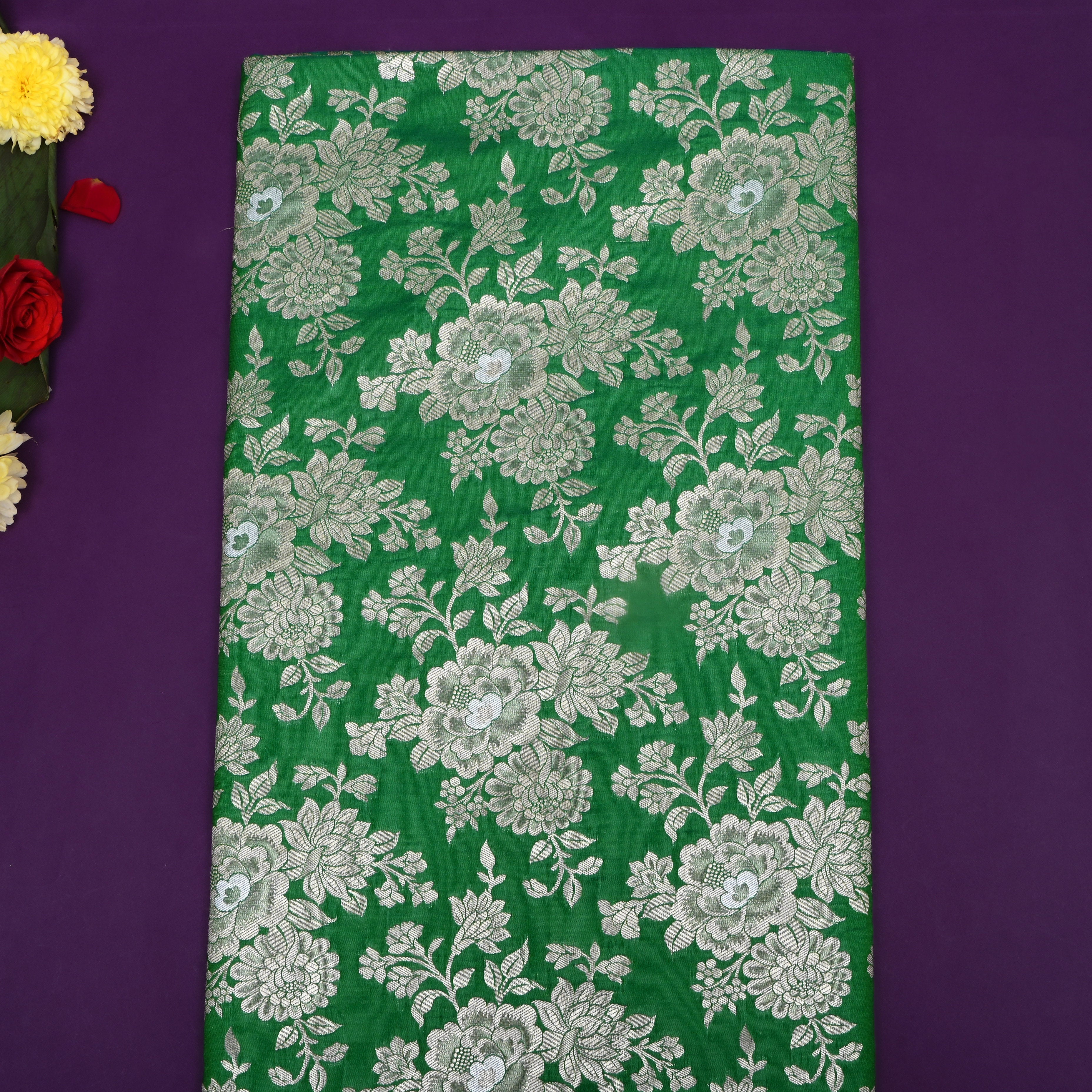 Dark Mint Green Floral Jamawar Silk Fabric