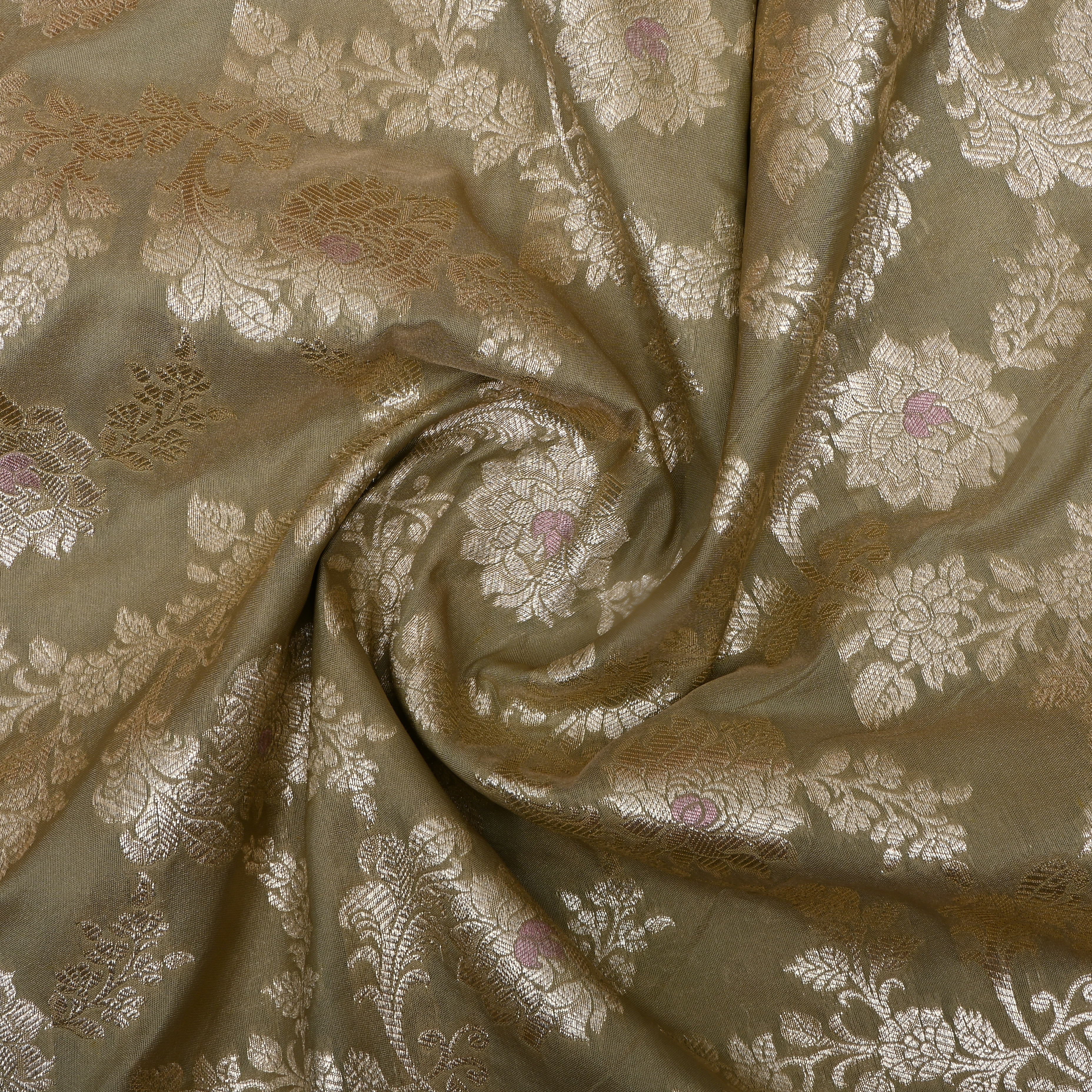 Earthy Brown Floral Zari Woven Jamawar Silk Fabric