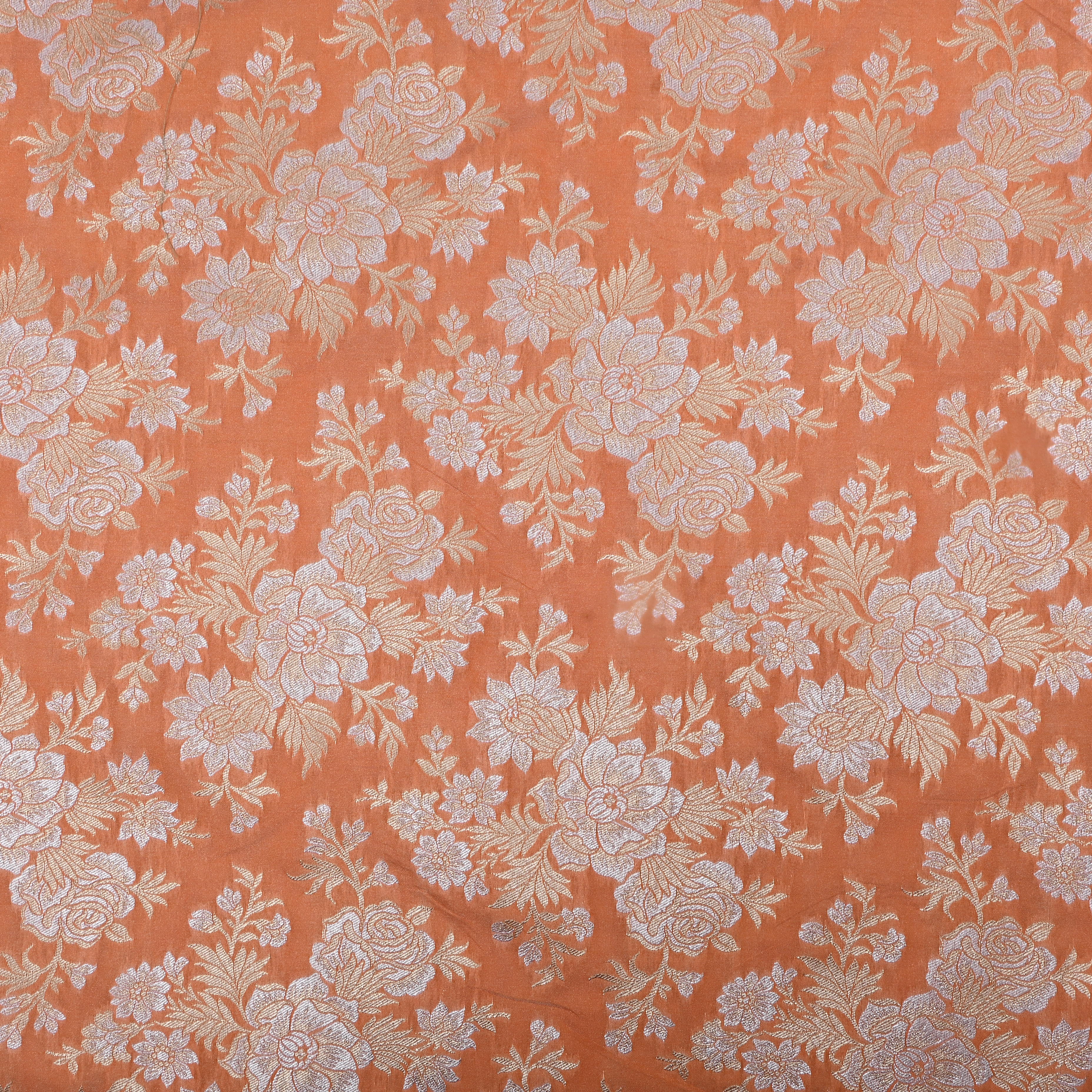 Orange Floral Zari Woven Jamawar Silk Fabric