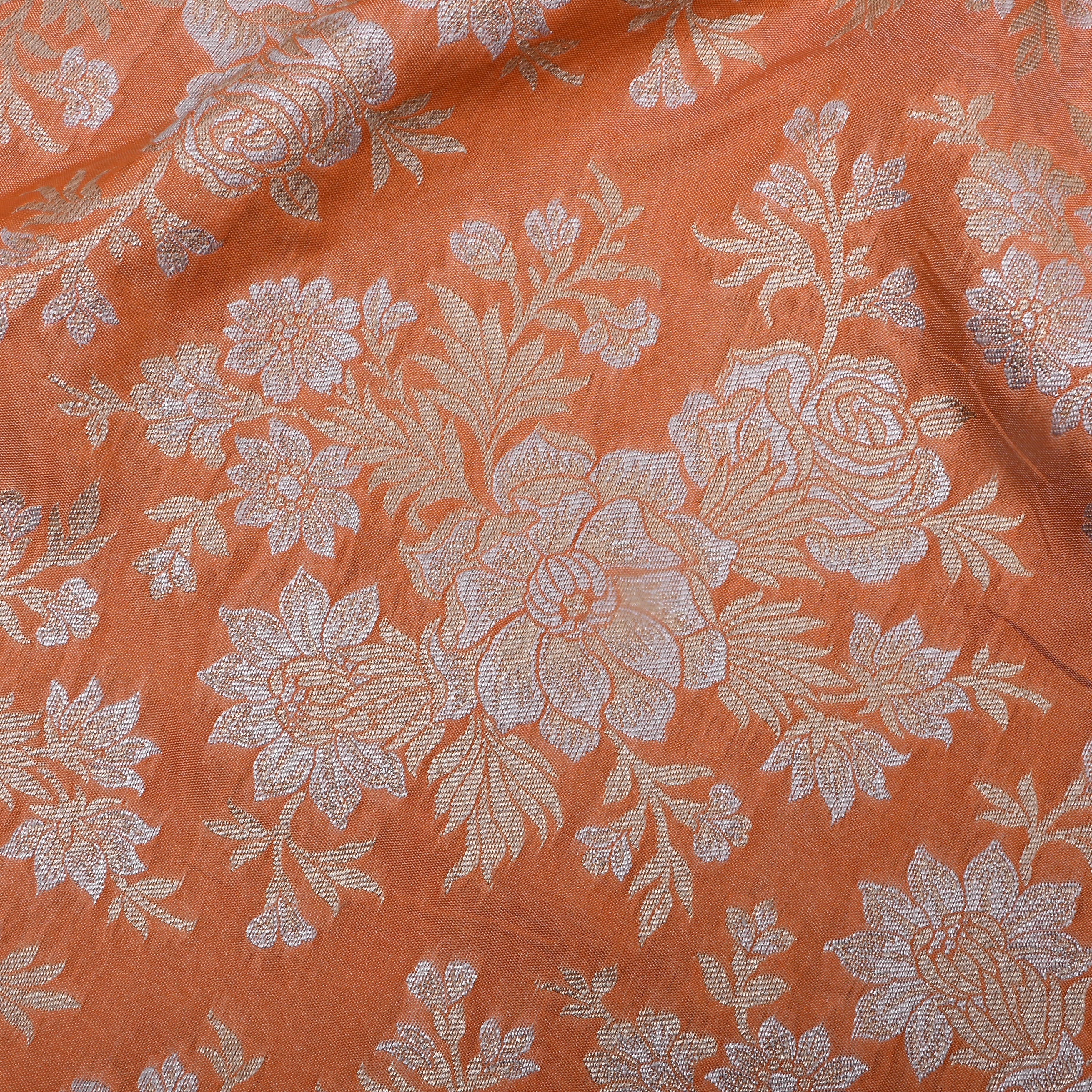 Orange Floral Zari Woven Jamawar Silk Fabric