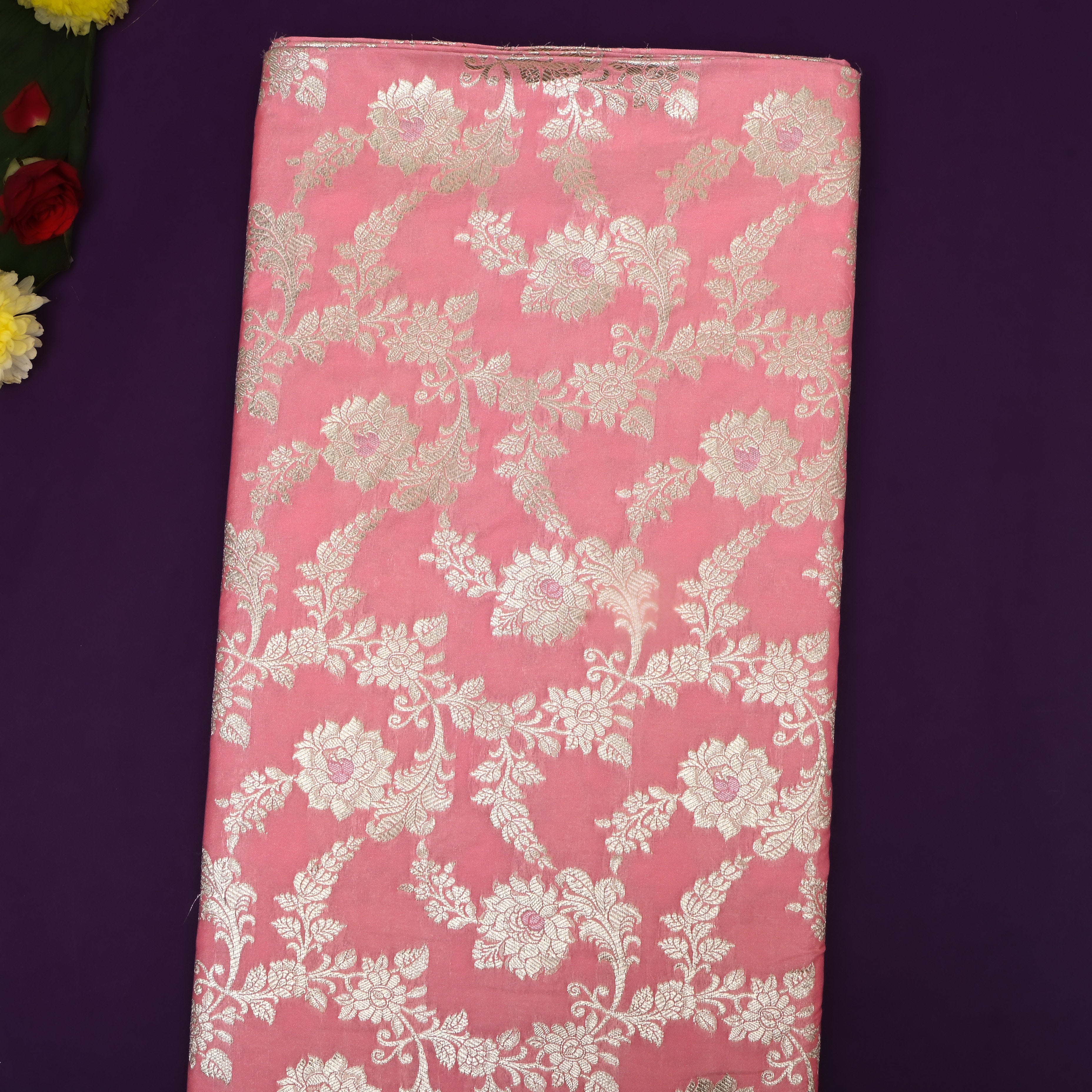 Taffy Pink Floral Zari Woven Jamawar Silk Fabric