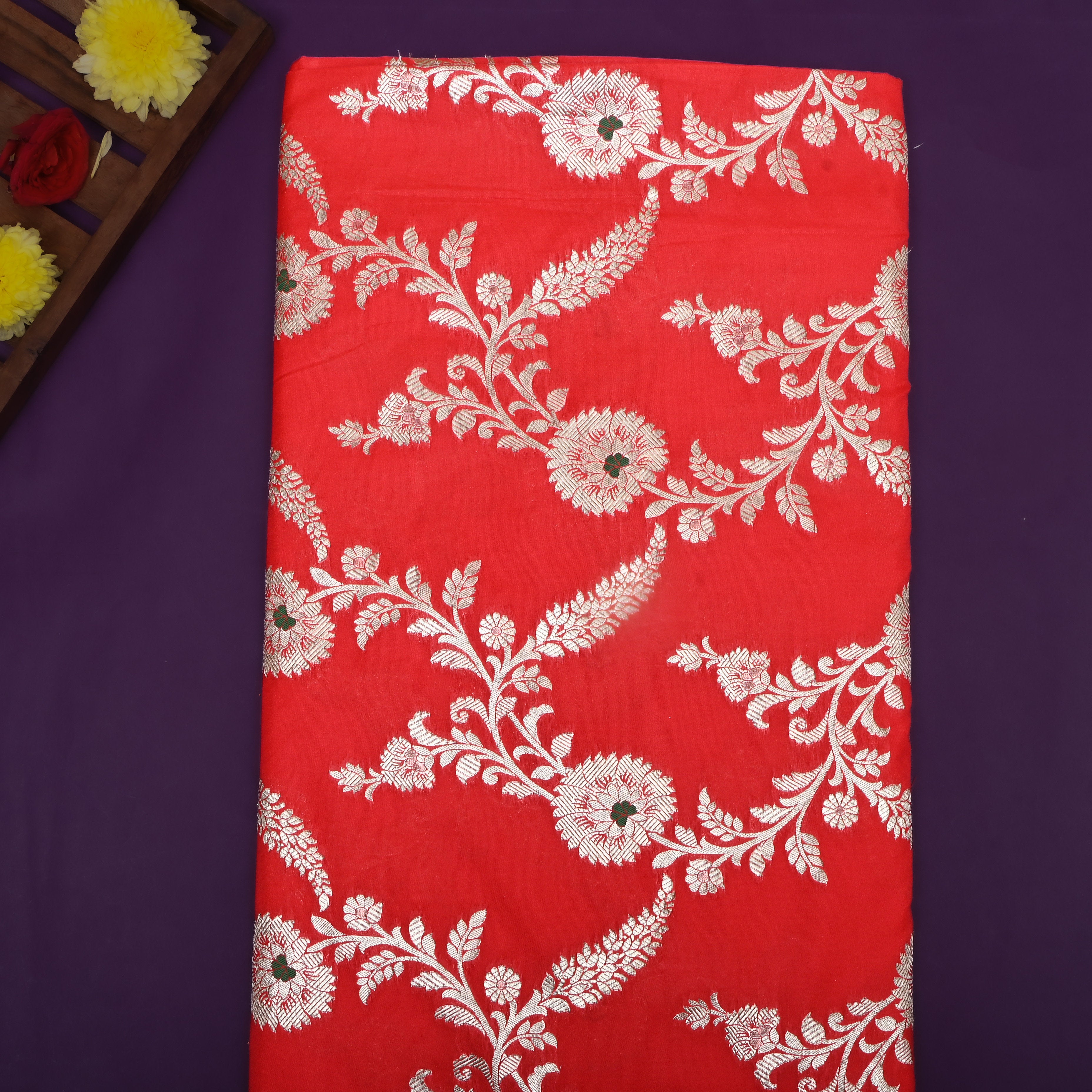 Bright Red Floral Zari Woven Jamawar Silk Fabric