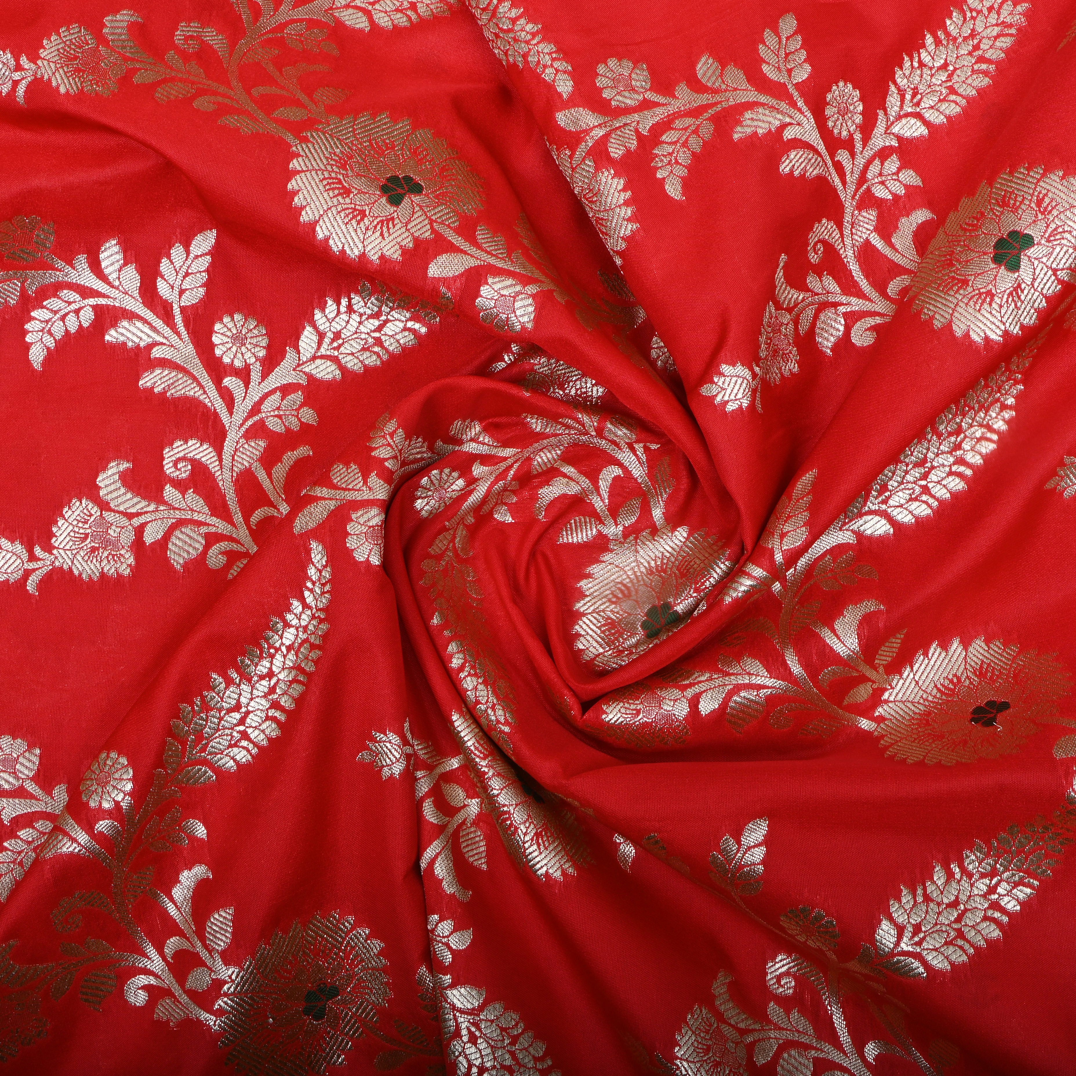 Bright Red Floral Zari Woven Jamawar Silk Fabric