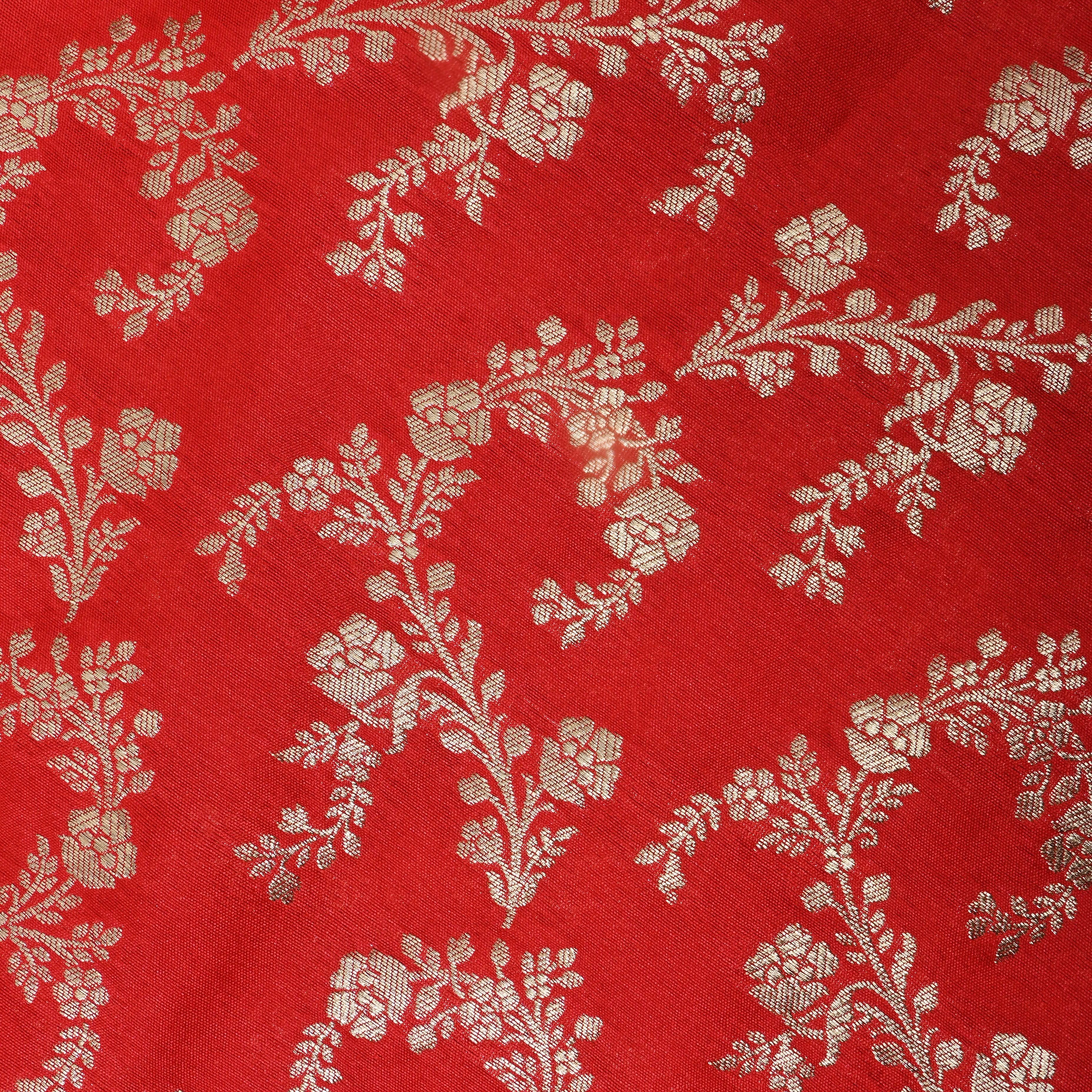 Bright Red Jamawar Floral Silk Fabric