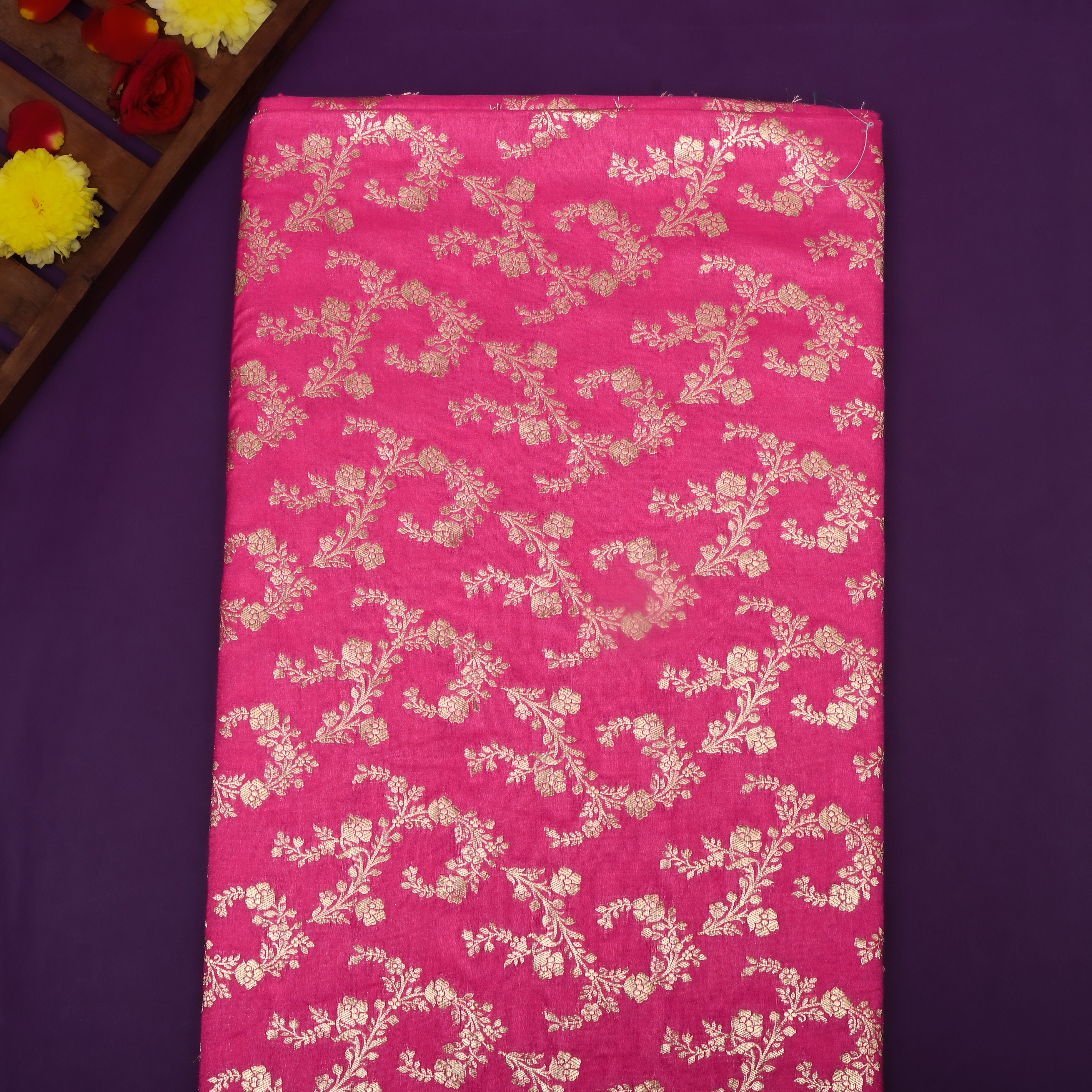 Hot Pink Floral Jaal Jamawar Silk Fabric