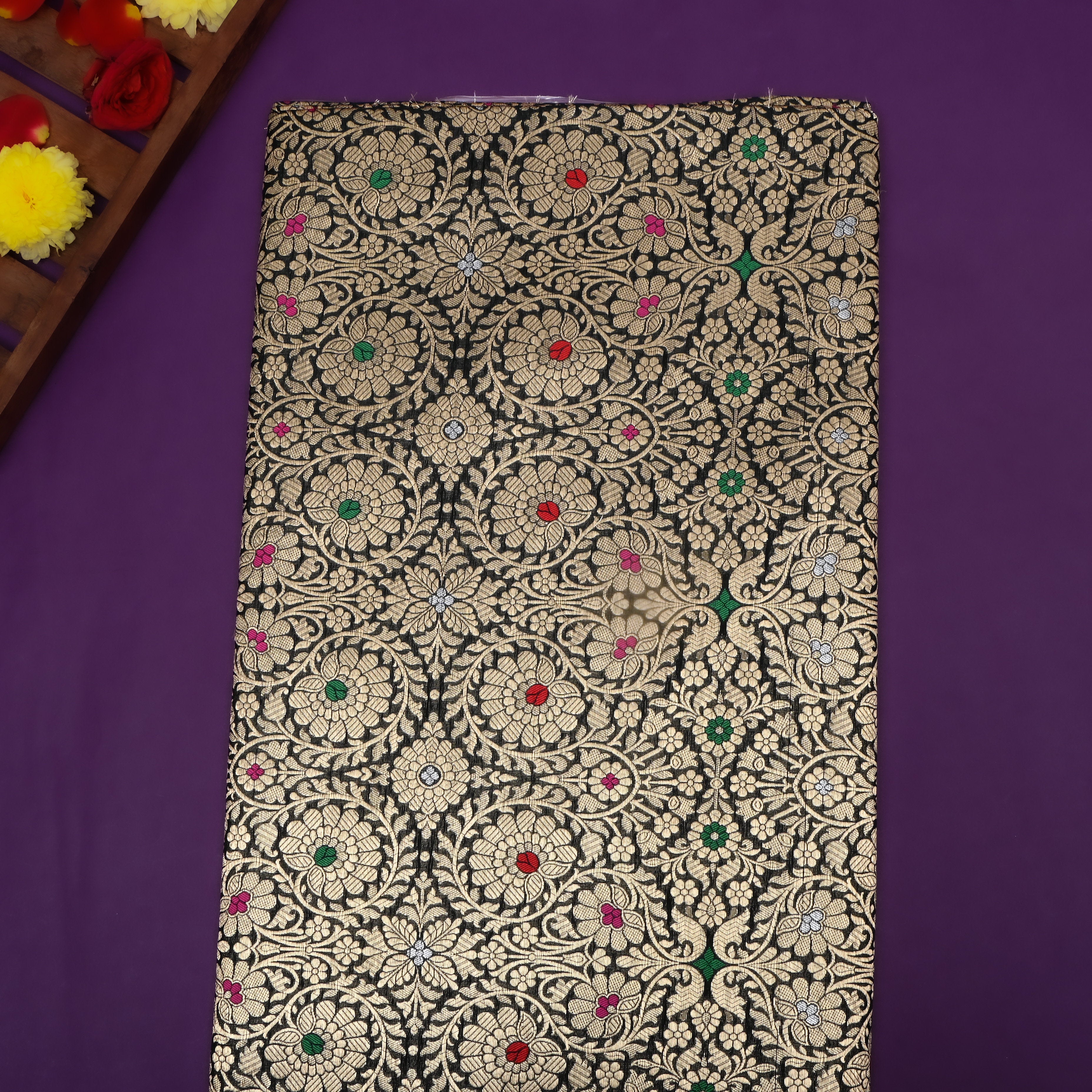 Black Floral Jamawar Silk Fabric