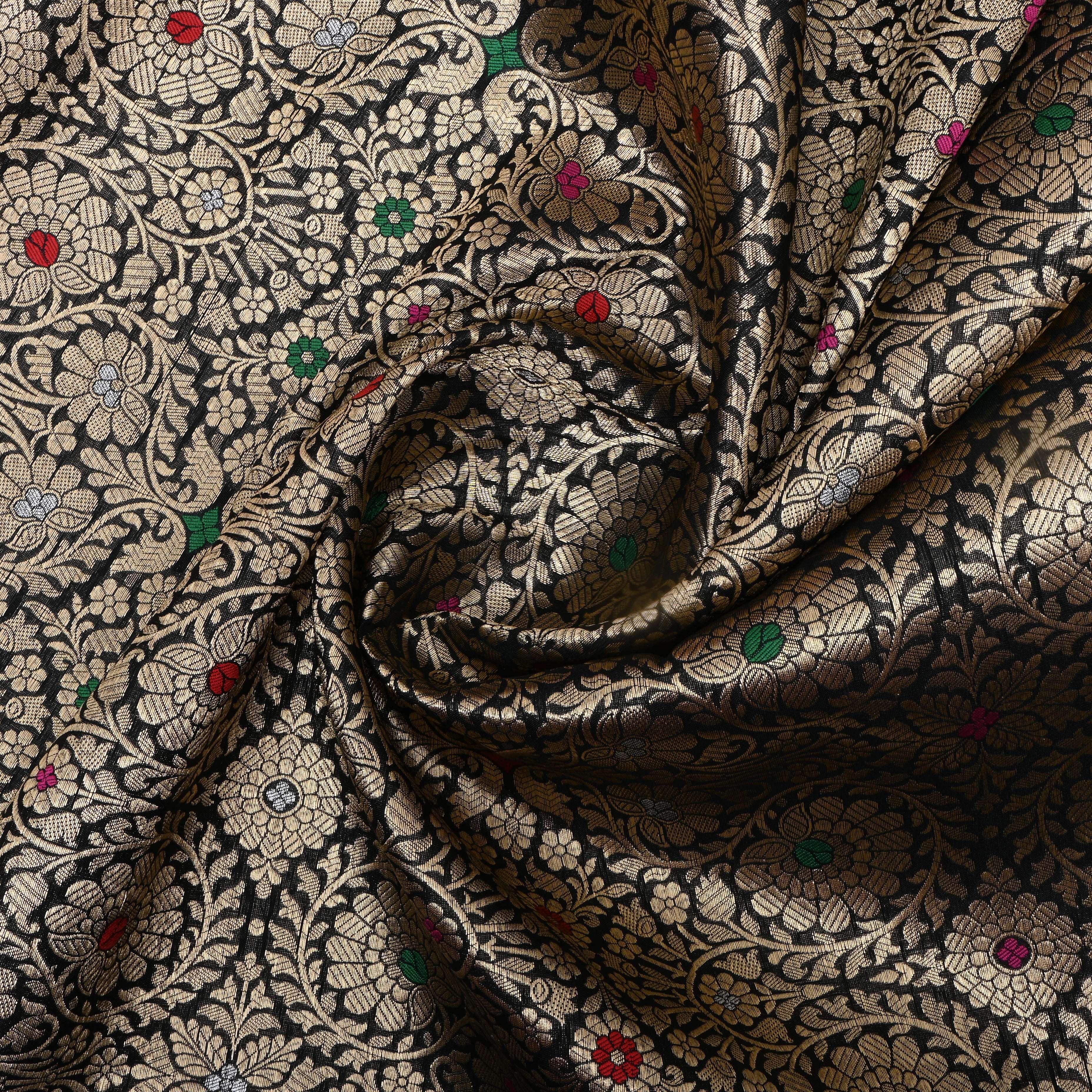 Black Floral Jamawar Silk Fabric