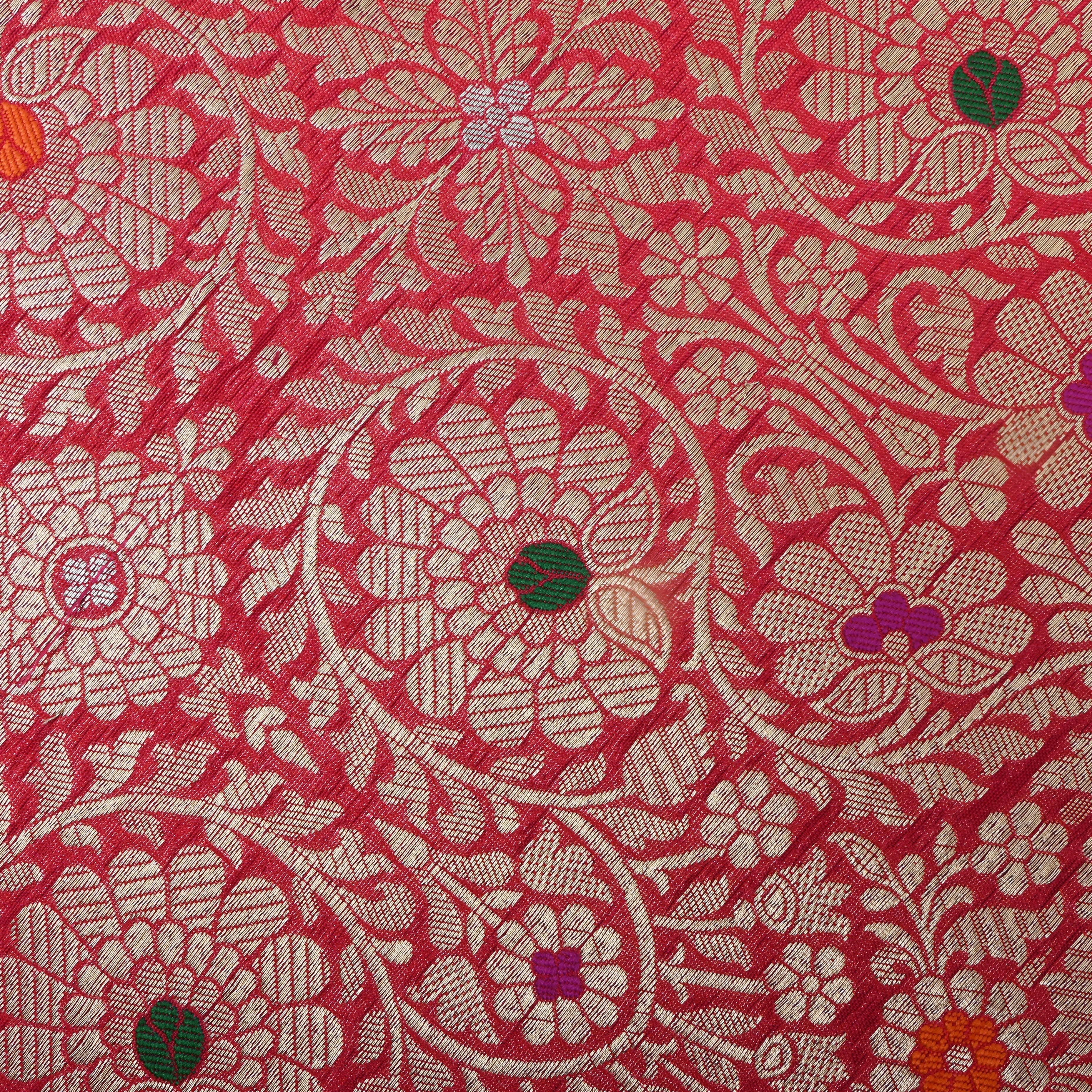 Bright Pink Floral Jamawar Silk Fabric