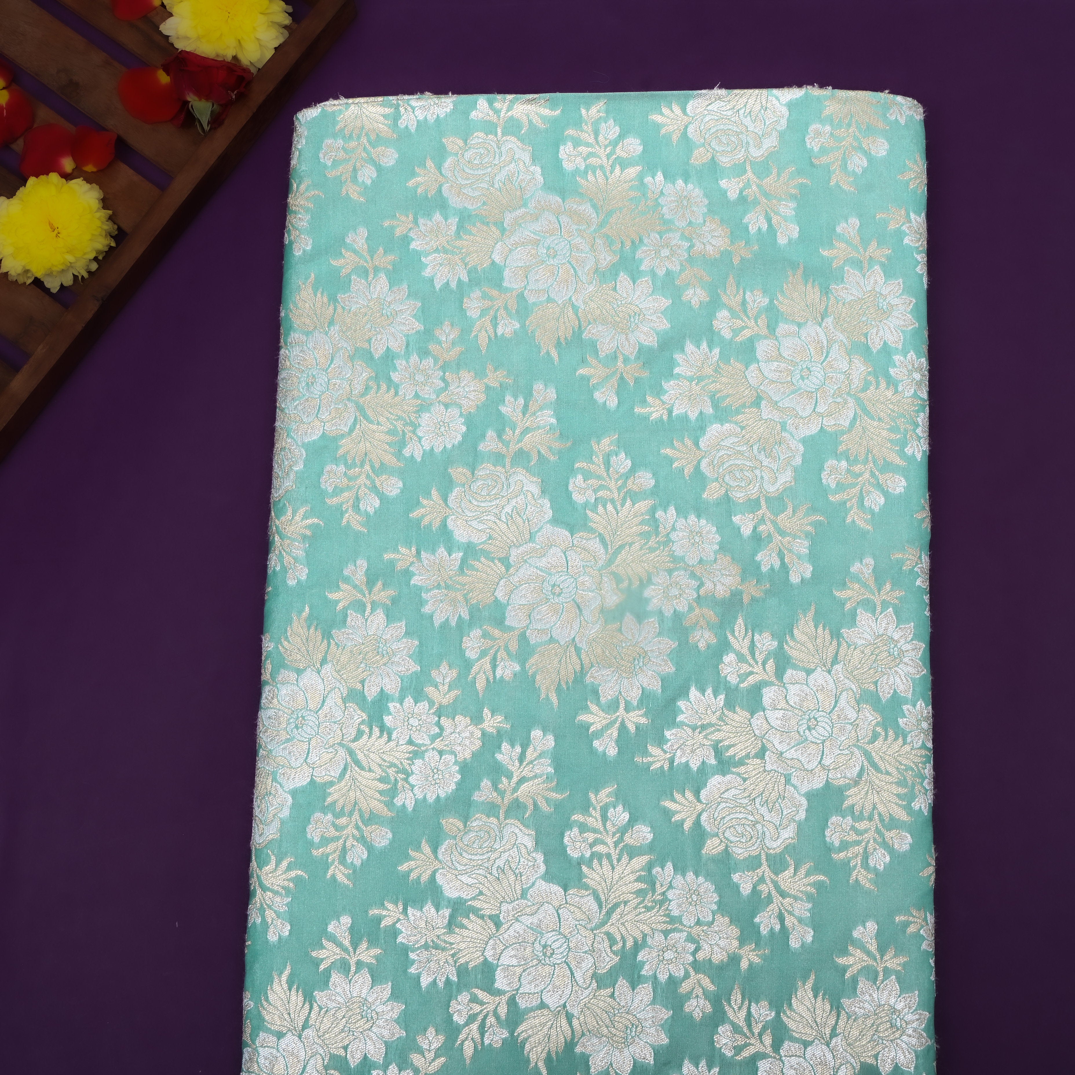 Cyan Blue Floral Zari Woven Jamawar Silk Fabric
