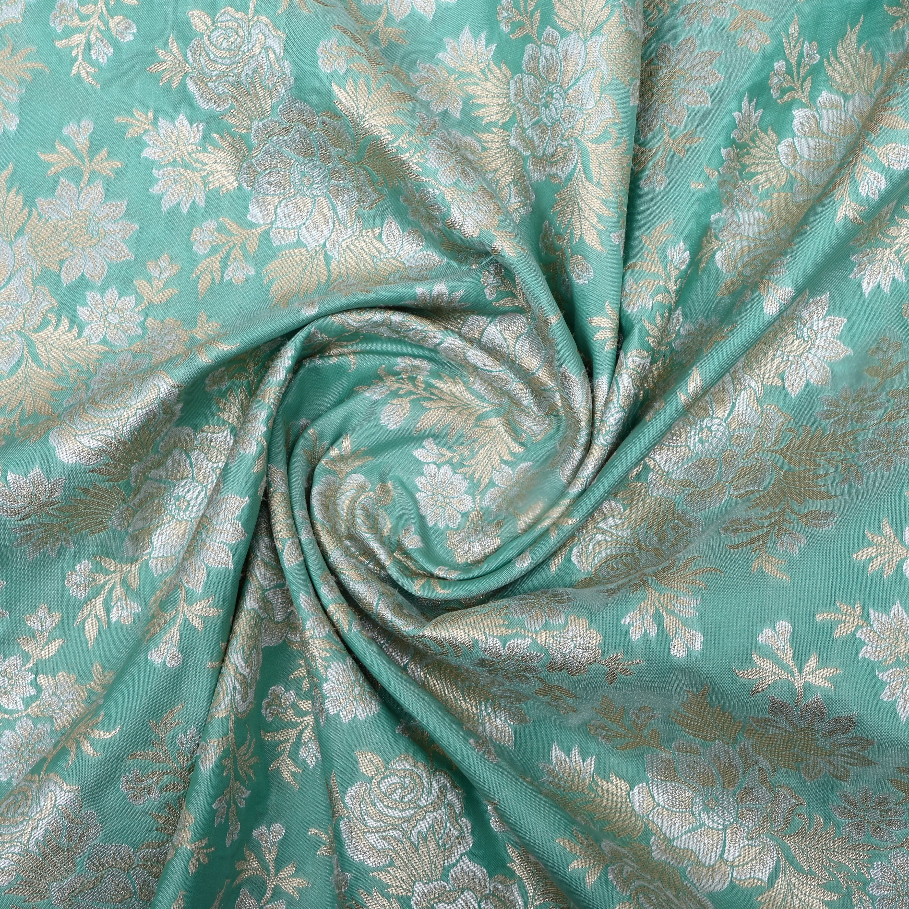 Cyan Blue Floral Zari Woven Jamawar Silk Fabric