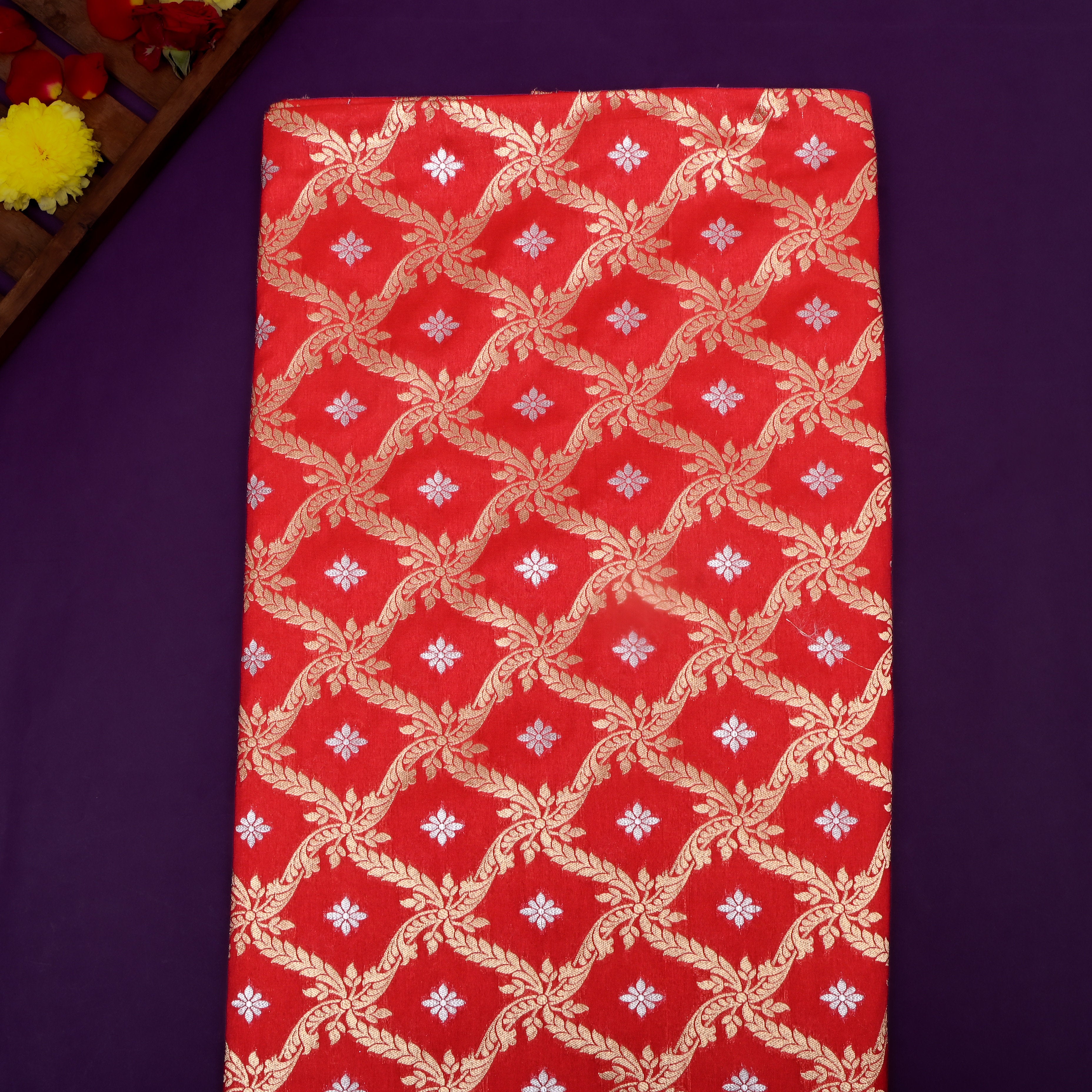 Scarlet Red Floral Jamawar Silk Fabric