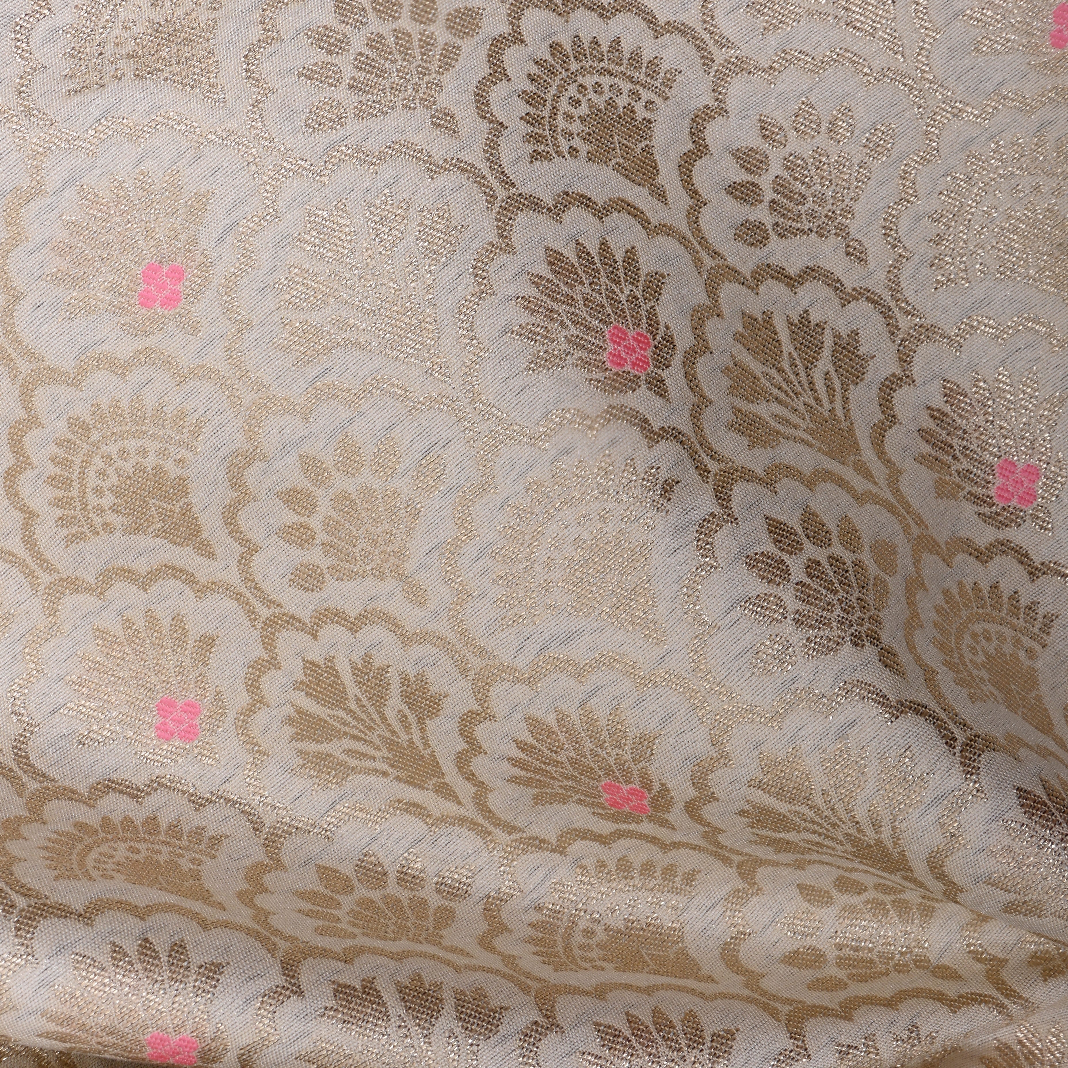 Off-White Jamawar Weave Floral Silk Fabric