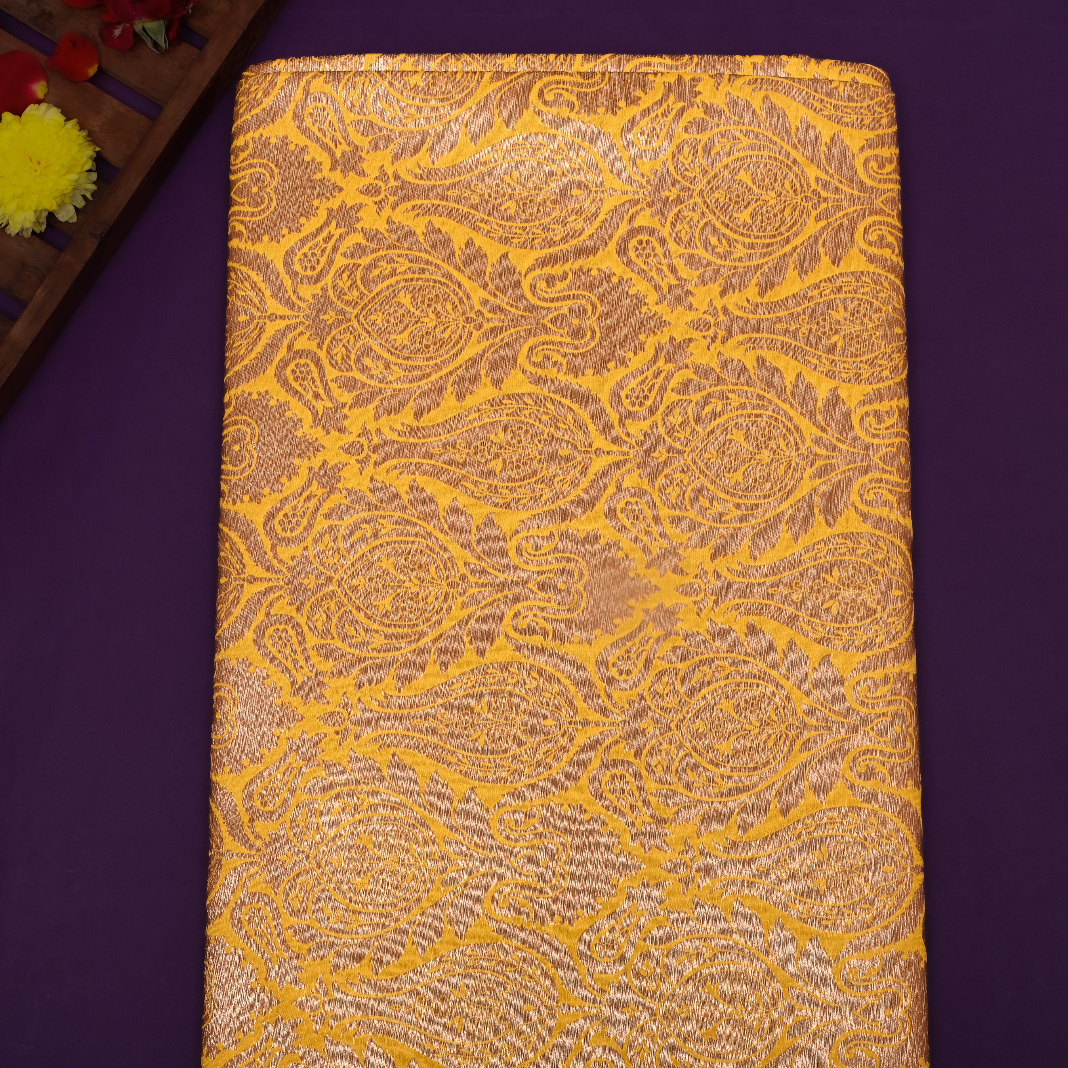 Yellow Golden Zari Woven Jamawar Silk Fabric