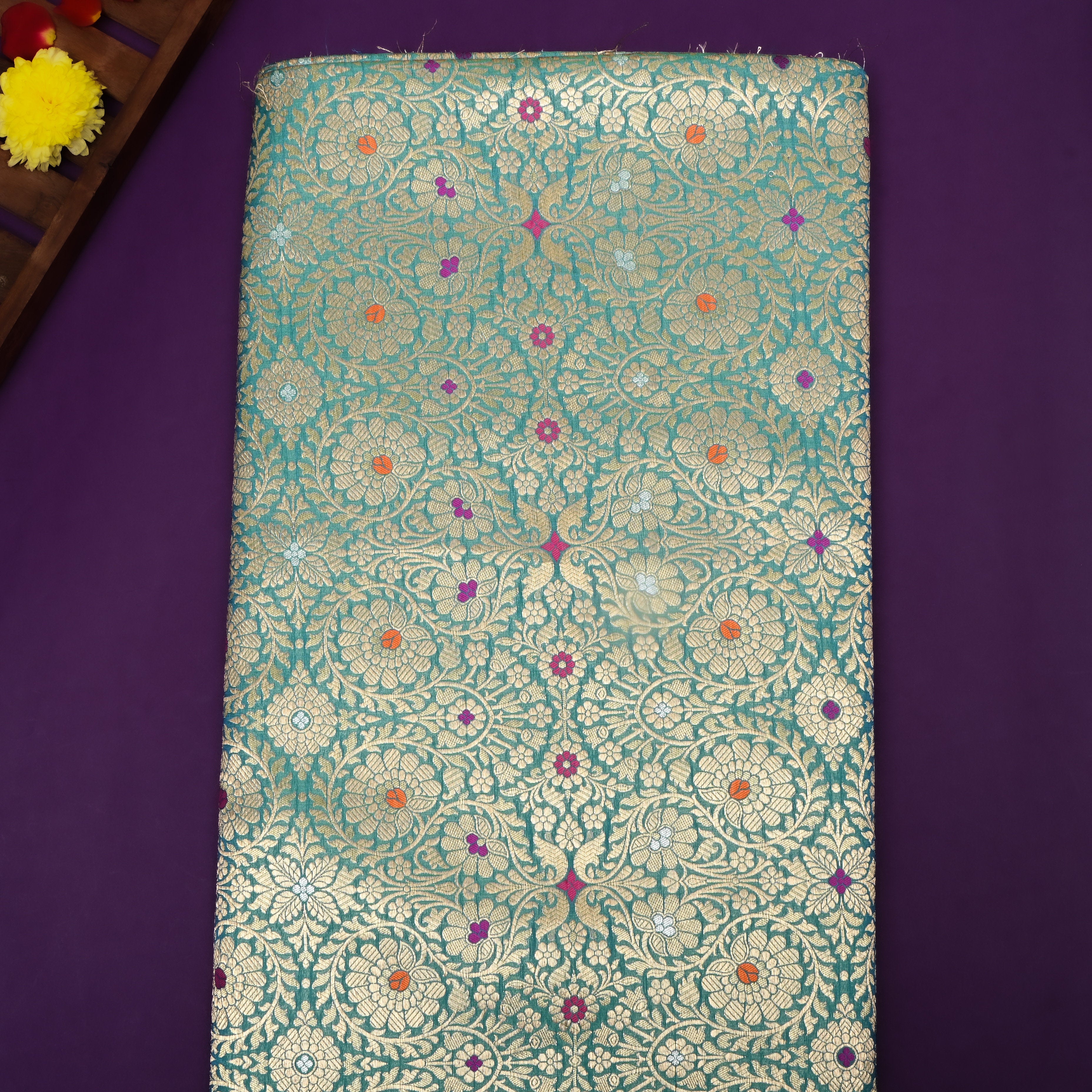 Aquamarine Blue Floral Jamawar Silk Fabric