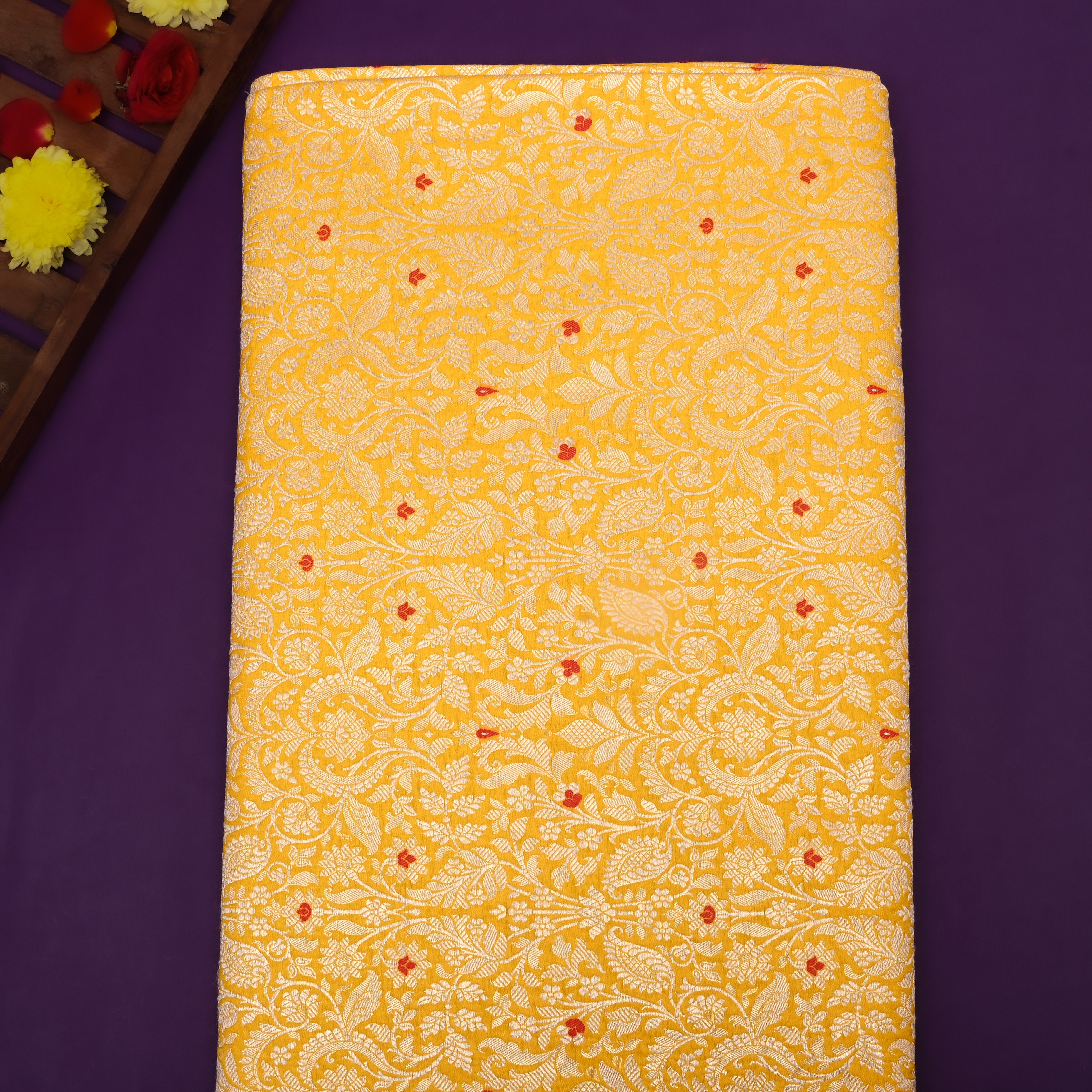 Turmeric Yellow Jamawar Silk Floral Zari Fabric