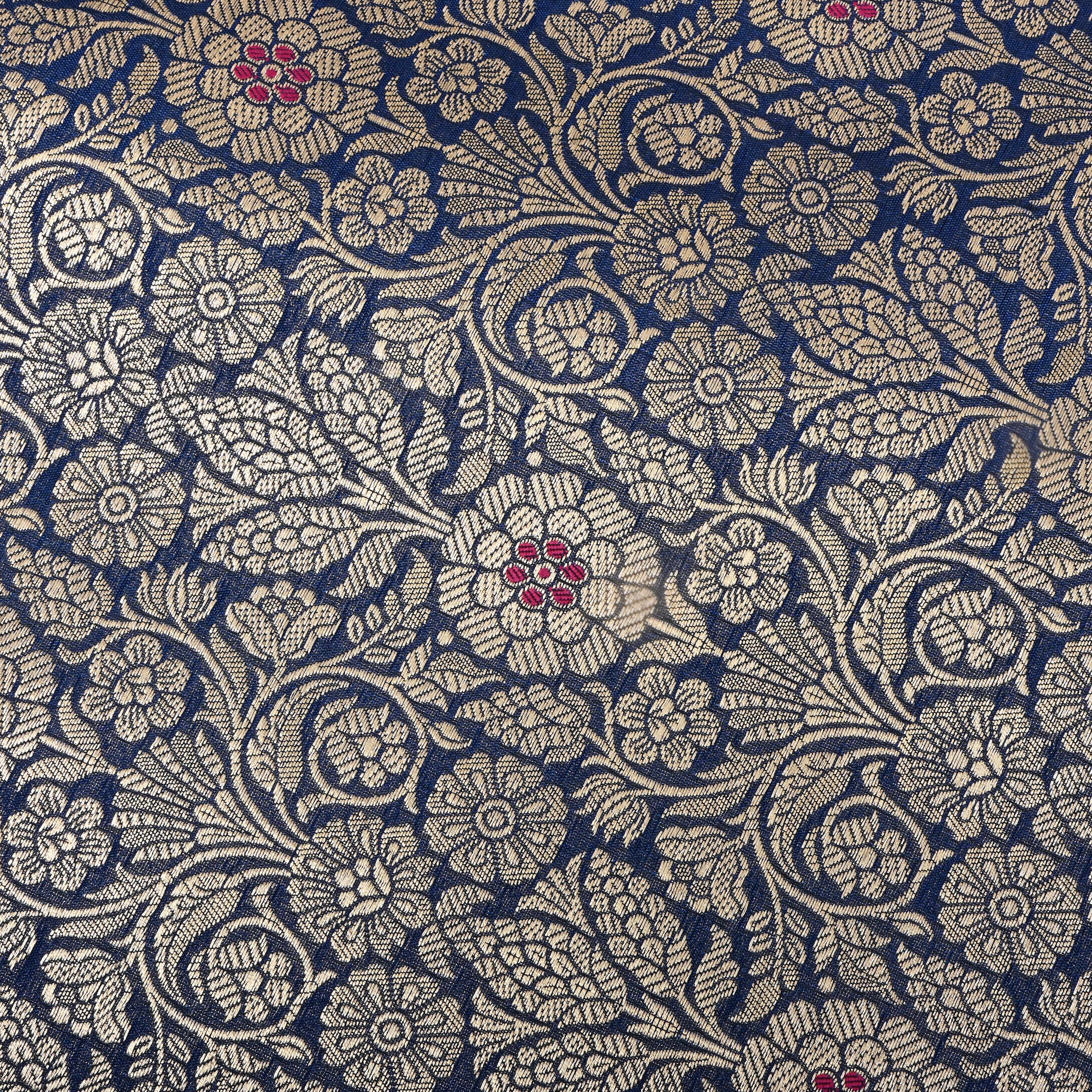 Classic Blue Floral Jamawar Silk Fabric