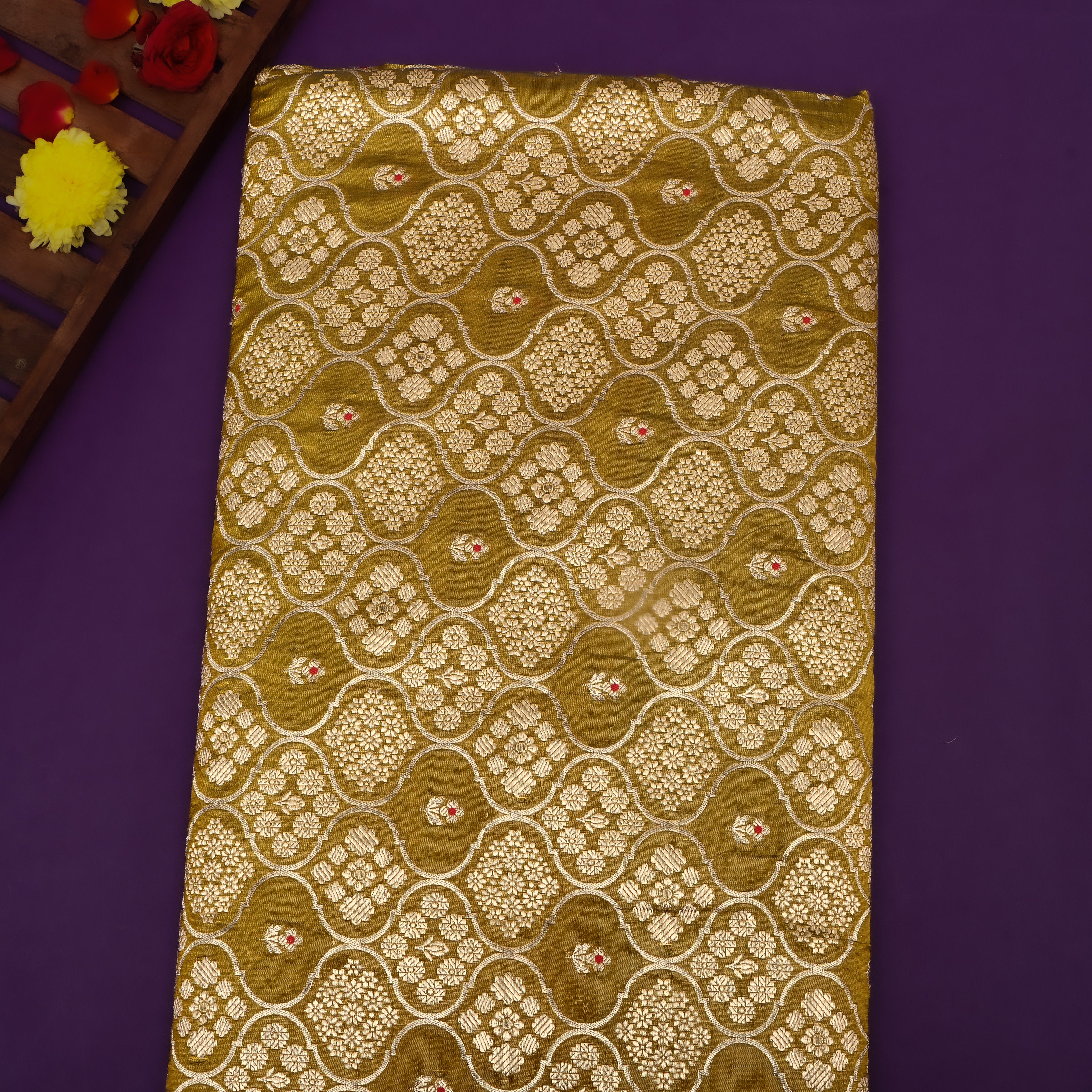 Mehendi Green Floral Jamawar Silk Fabric