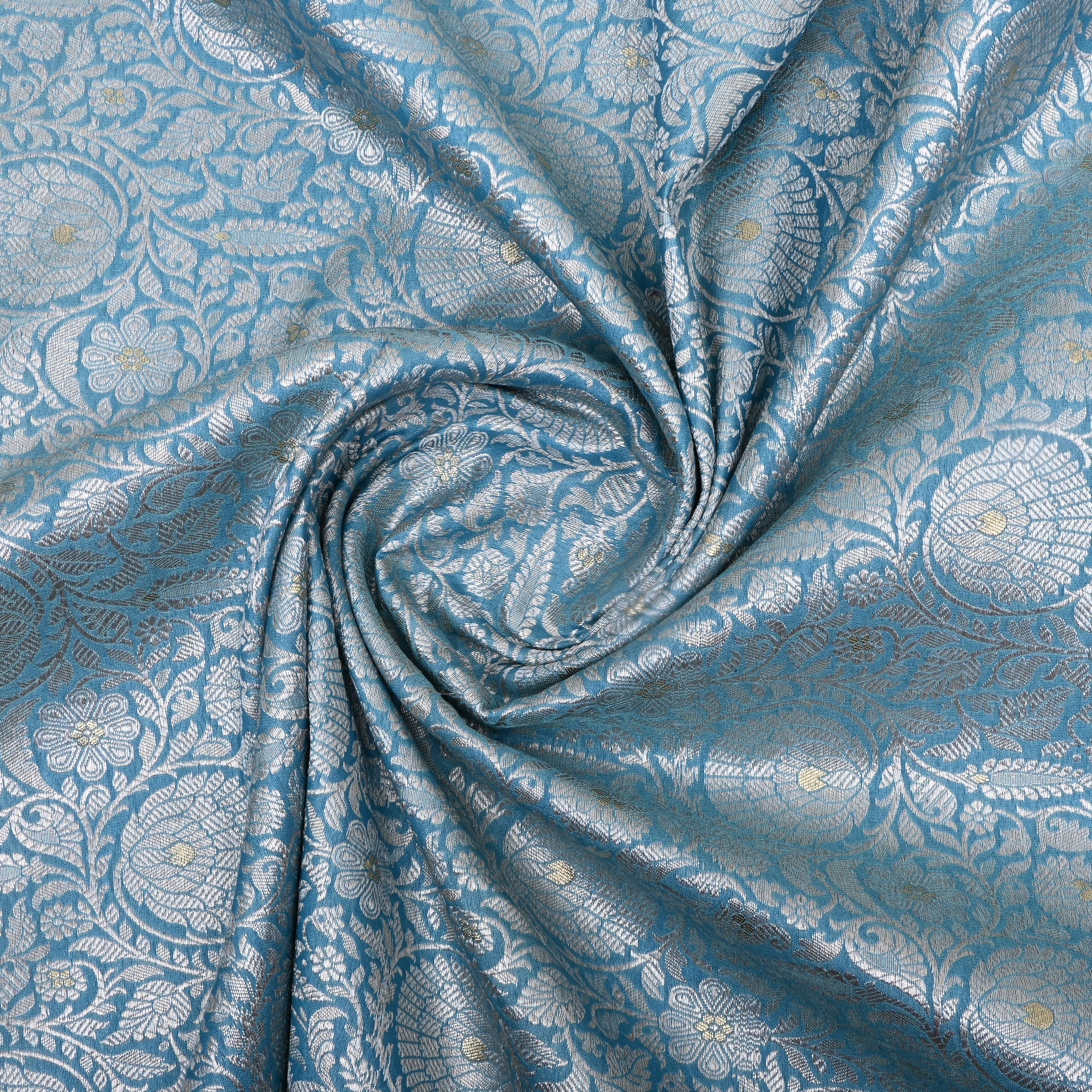 Aqua Blue Zari Woven Jamawar Silk Fabric