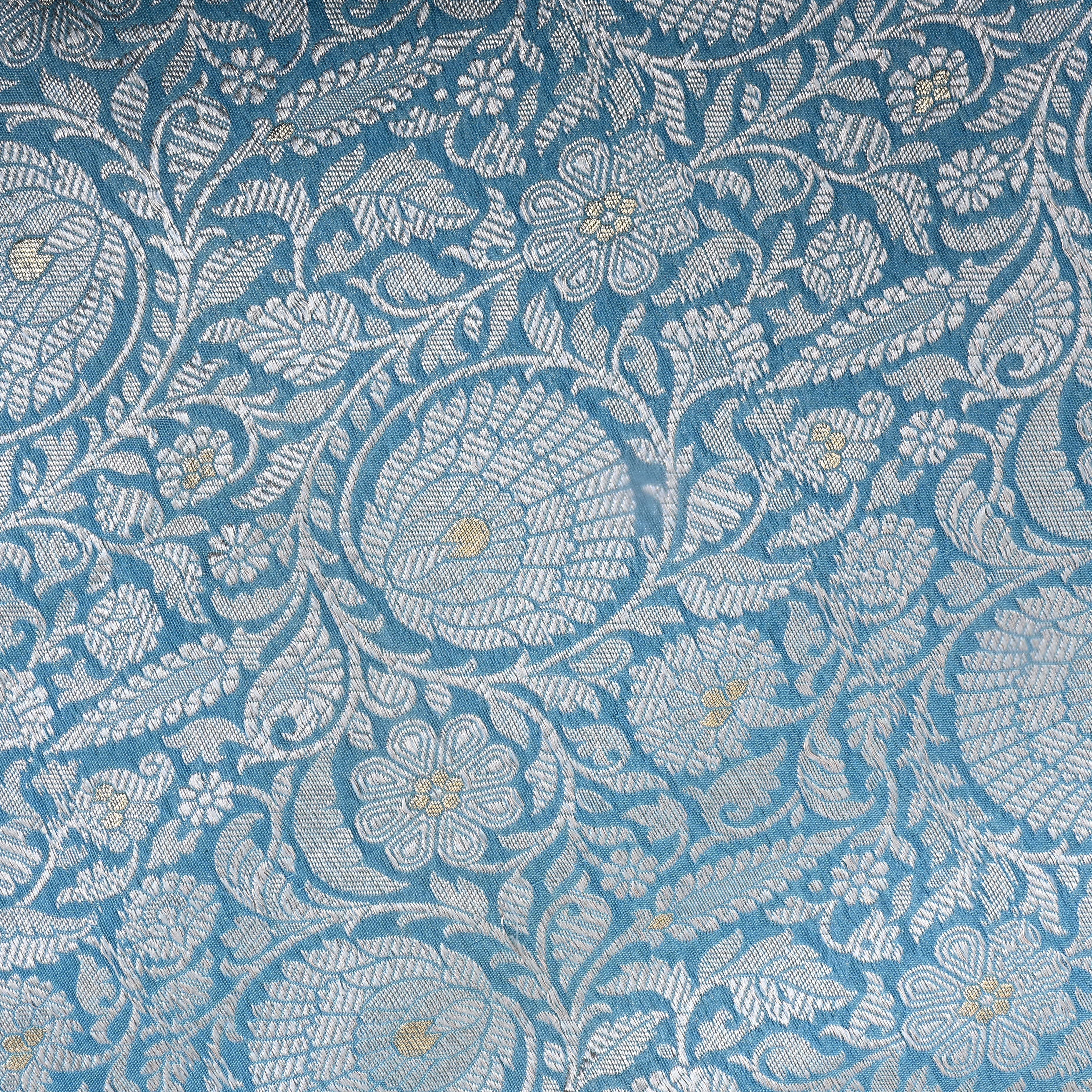 Aqua Blue Zari Woven Jamawar Silk Fabric