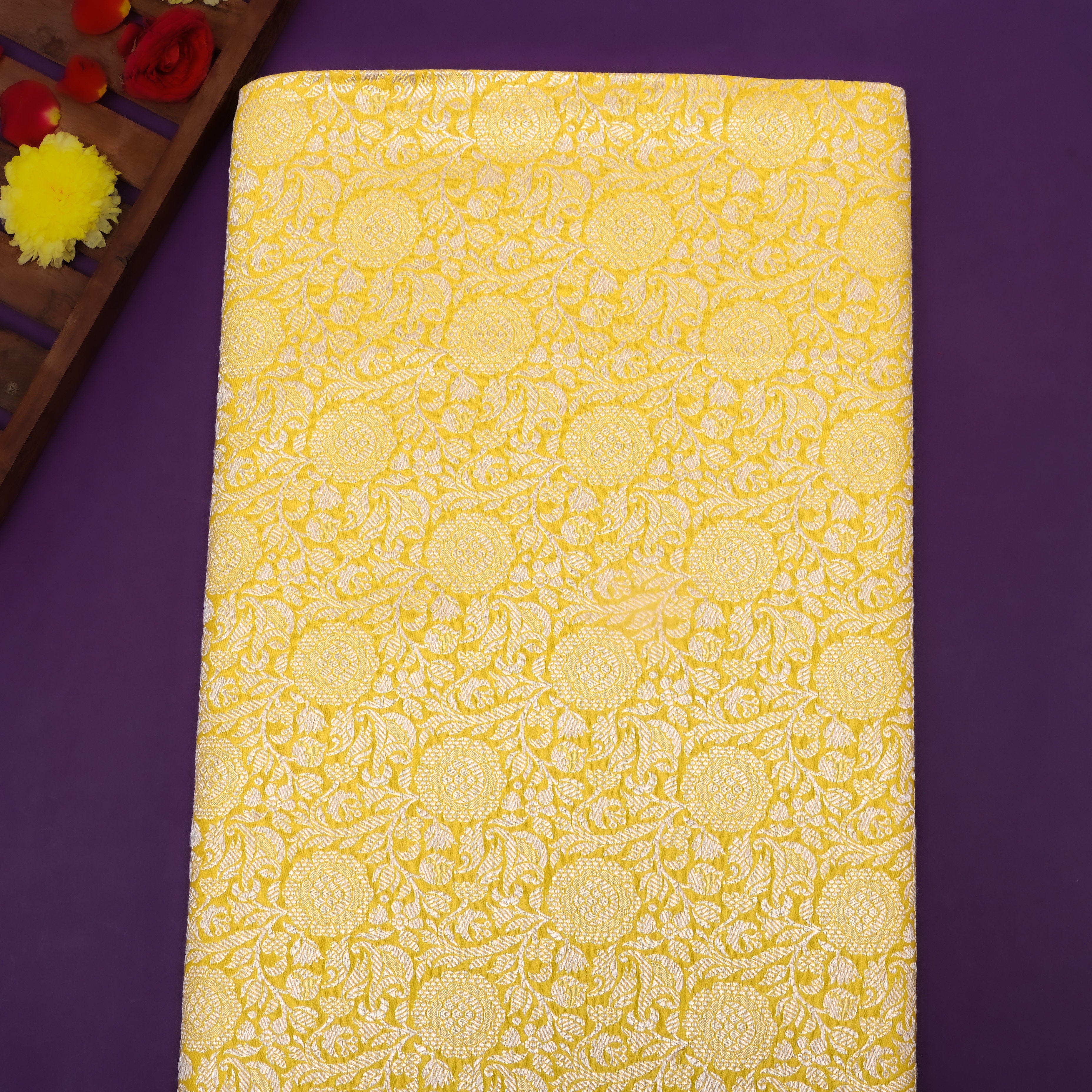 Bright Yellow Floral Jamawar Silk Fabric