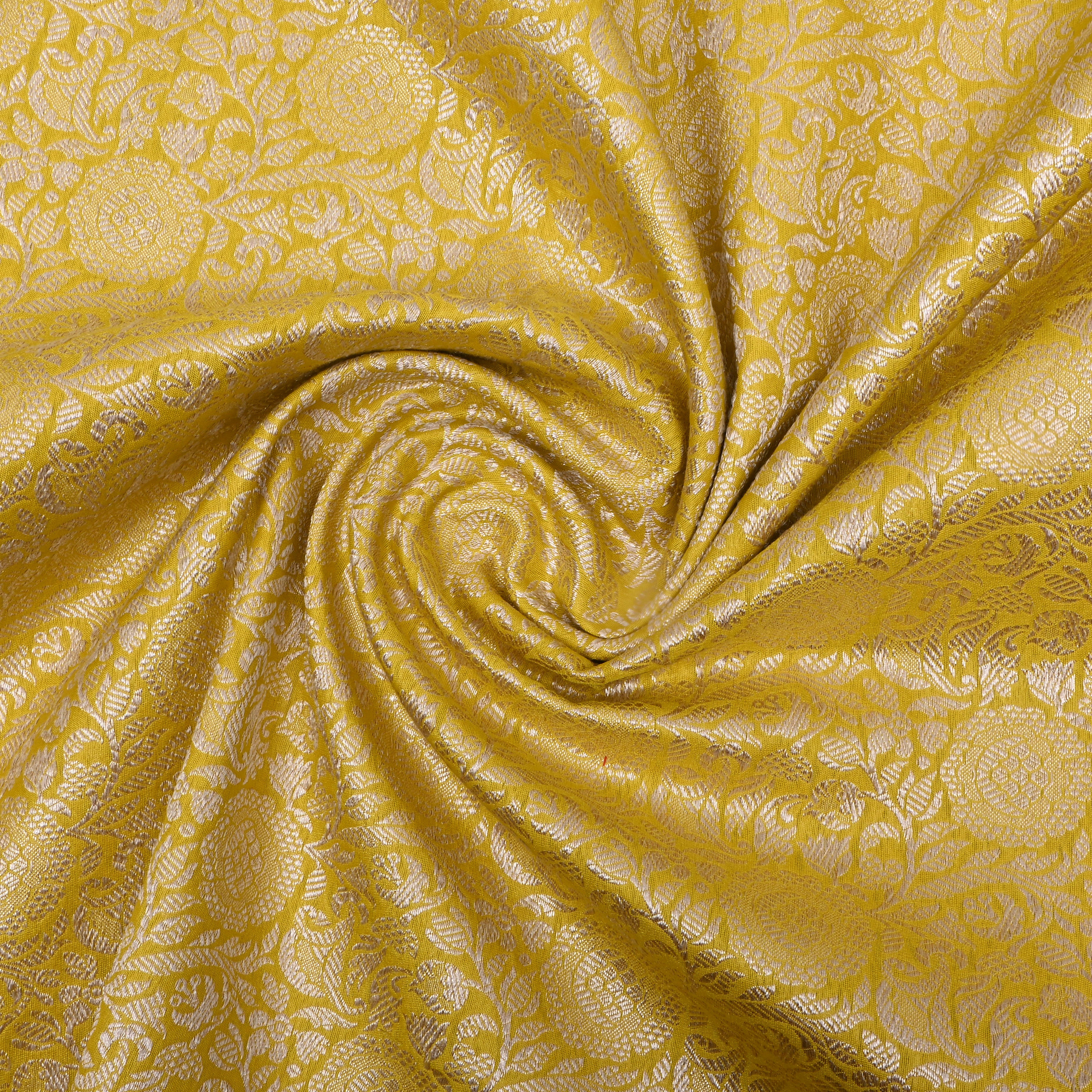 Bright Yellow Floral Jamawar Silk Fabric