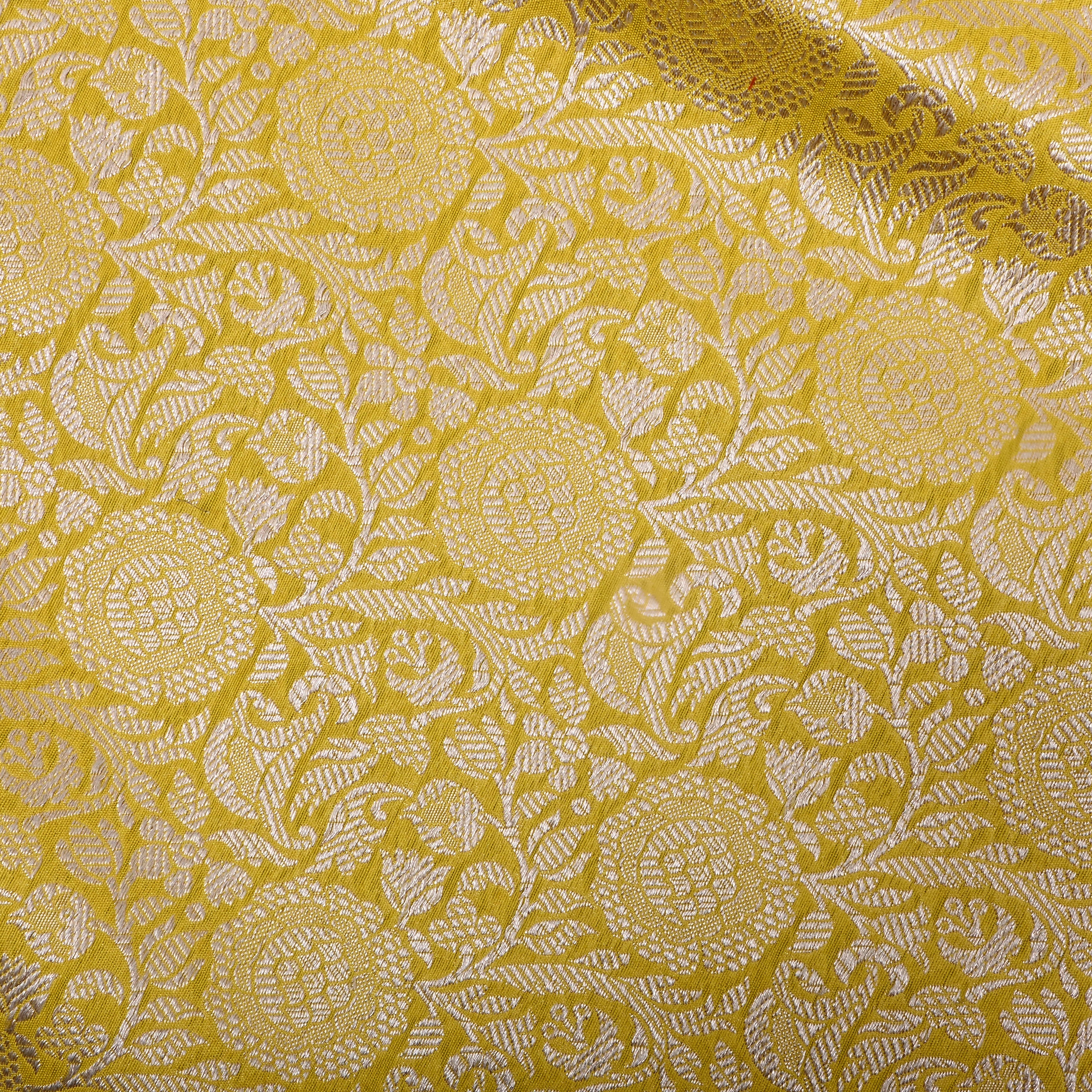 Bright Yellow Floral Jamawar Silk Fabric