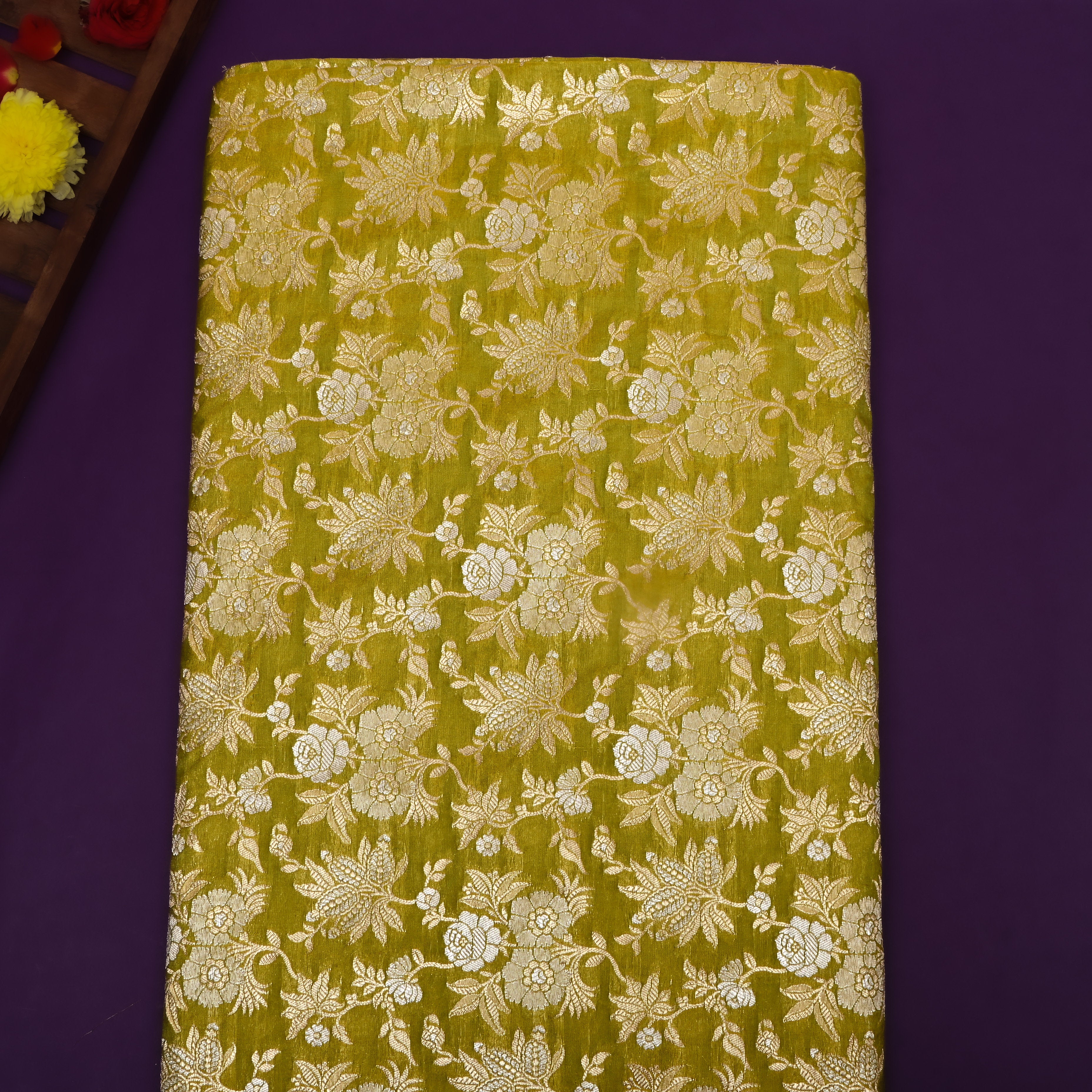 Bright Mehendi Green Floral Jamawar Silk Fabric