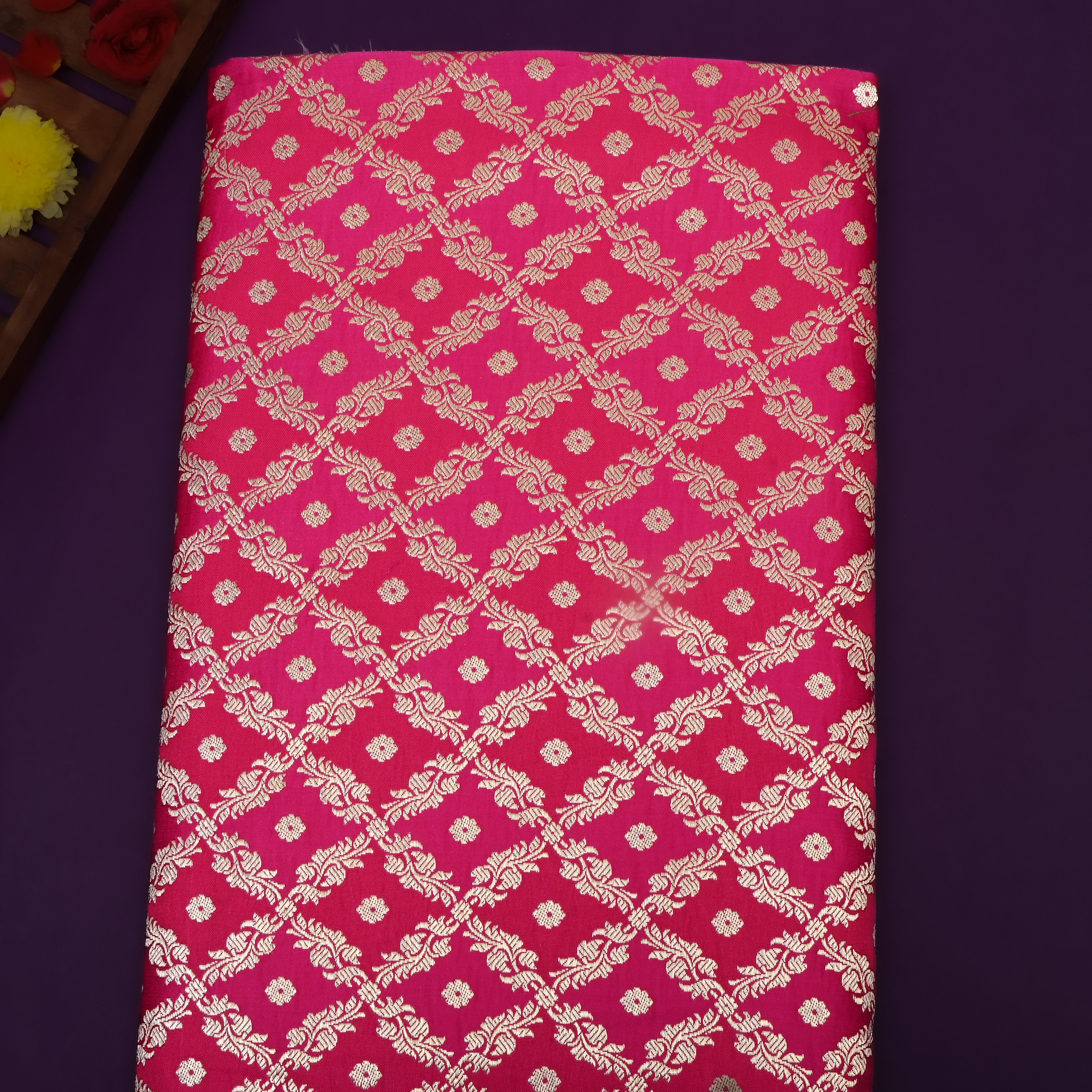 Royal Pink Floral Jamawar Satin Fabric